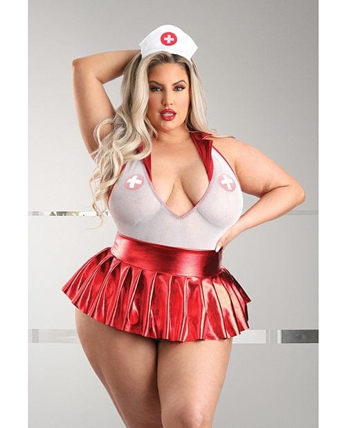 Play Pulse Check Collared Teddy with Open Back & Pleated Skirt - Red/White 3X/4X - Sexy Nurse Costume with Medic Hat & Pasties for Halloween, Cosplay, and Role Play