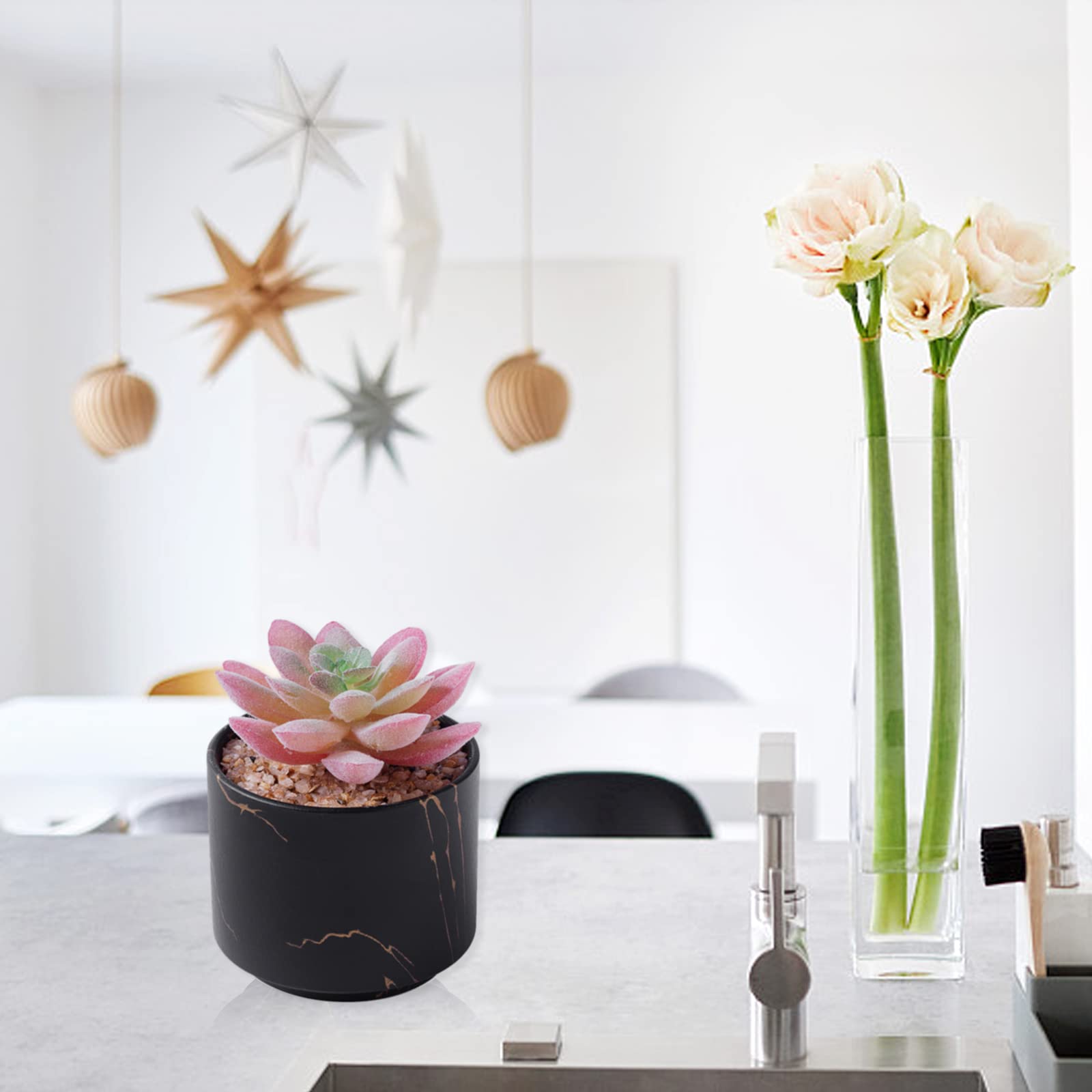 Zenmag Mini Artificial Succulents in Black Ceramic Pots - Fake Plants for Desk, Office, Home Decor - Perfect for Living Room, Bathroom, Bedroom & Aesthetic Workspace - Cute Tabletop Decor for Women (1PC)