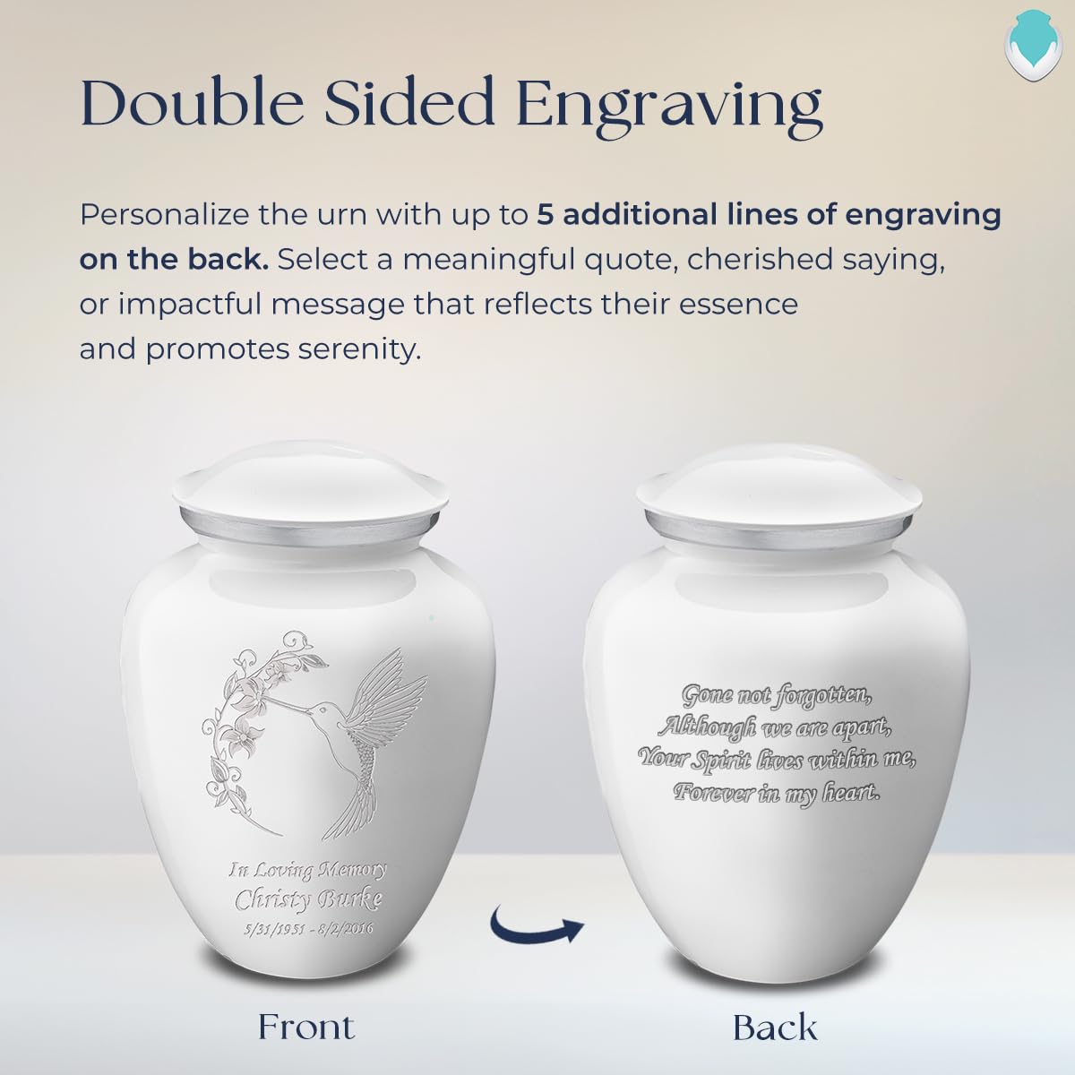 Personalized Hummingbird Cremation Urn for Adults - Large White Funeral Urn for Ashes with Double-Sided Engraving - Holds 200 lbs - Perfect for Memorial Services & Home Display