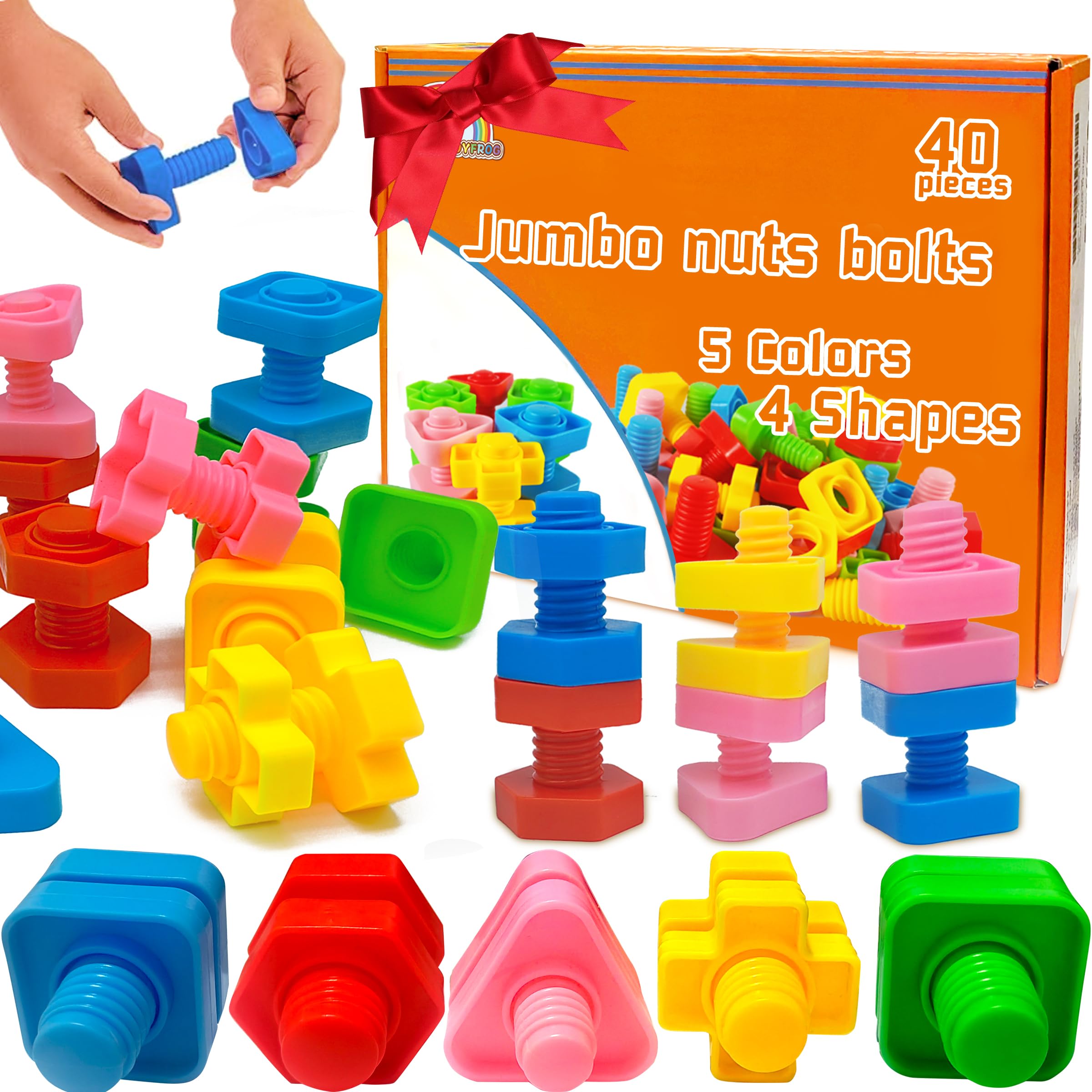 40 Pcs Jumbo Nuts and Bolts Toys for Toddlers 1-3 Years - Fine Motor Skills Learning Toys with Storage Tote & Activity Book - Occupational Therapy, Shape Sorting, Preschool Manipulatives - Perfect for Classroom, Home Play & Early Childhood Development