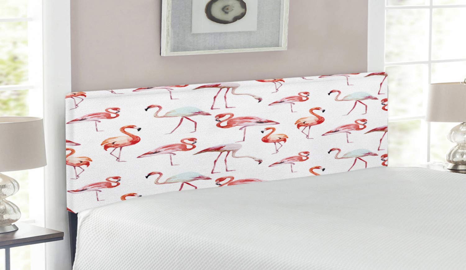 Ambesonne Flamingo Headboard - Watercolor Exotic Birds & Animal Themed Upholstered Metal Bed Headboard with Memory Foam, Queen Size, Pale Pink Coral - Perfect for Tropical & Bohemian Bedroom Decor