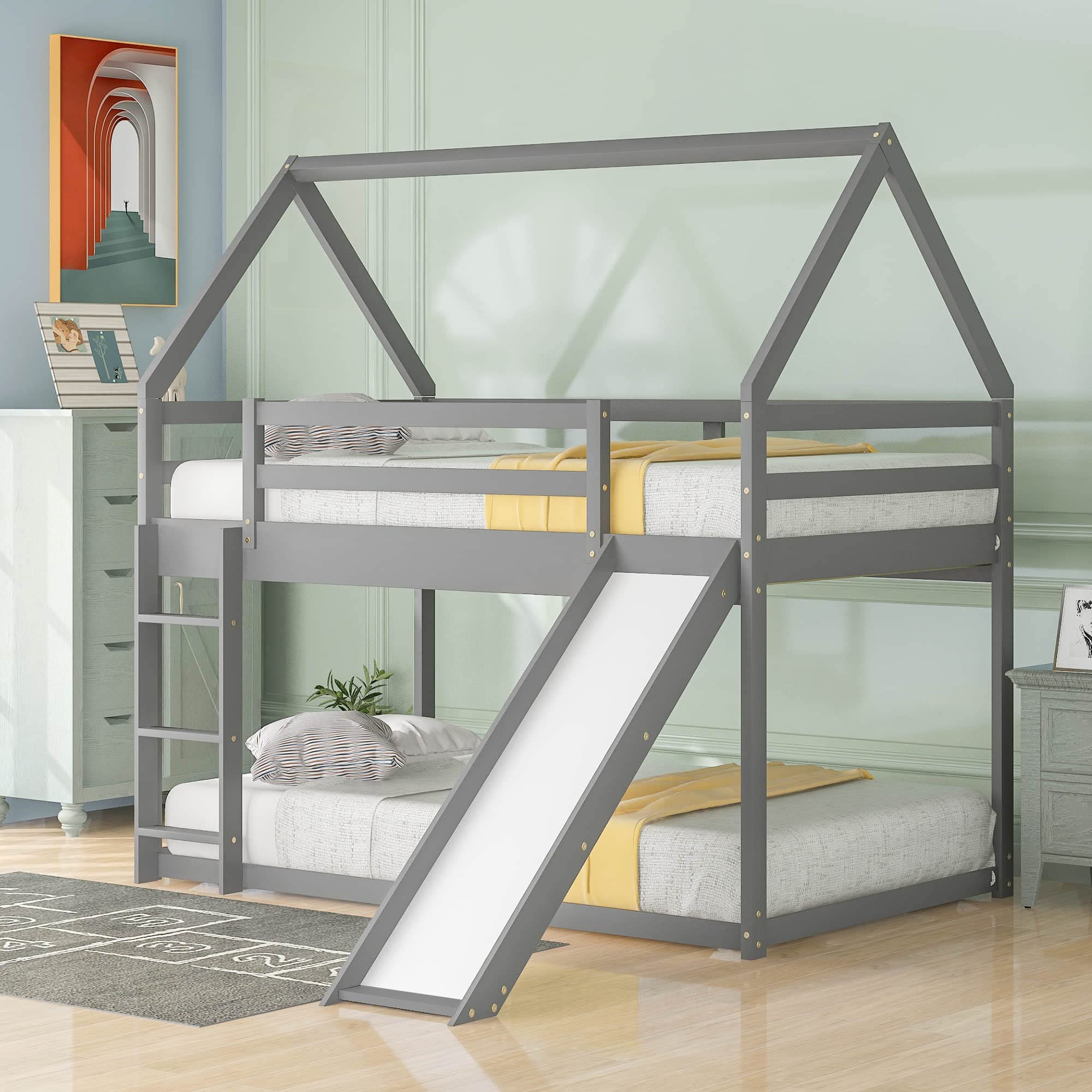 Wooden Bunk Bed with Slide and Ladder - Twin Size House Bed Frame with Slat Support, No Box Spring Needed - Easy Assembly for Kids Bedroom, Guest Room or Vacation Home