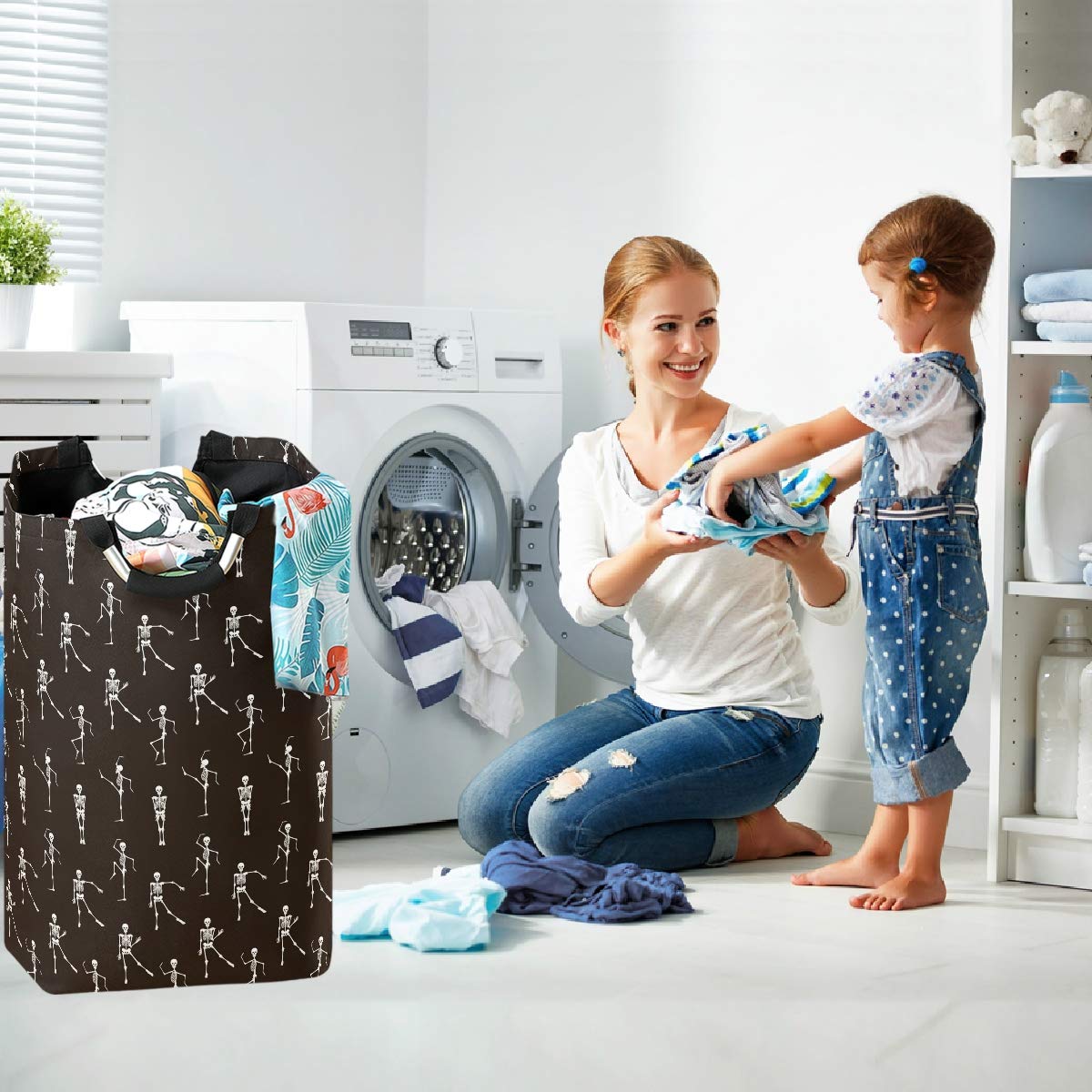 Visesunny Large Collapsible Laundry Hamper - Foldable Oxford Fabric Laundry Basket with Handles, Waterproof Dirty Clothes Storage Bag for Bedroom, Dorm, Travel & Camping (Black Dancing Skeleton Design)