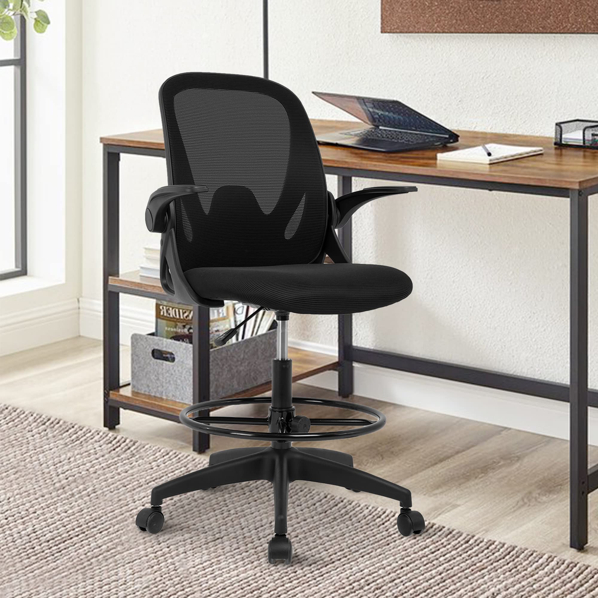 PIKAQTOP Adjustable Height Drafting Chair - Ergonomic Mesh Office Stool with Flip-Up Arms & Foot Ring - Rolling Swivel Chair for Standing Desks, Home Office & Conference Rooms - Perfect for Architects, Designers & Long Work Sessions