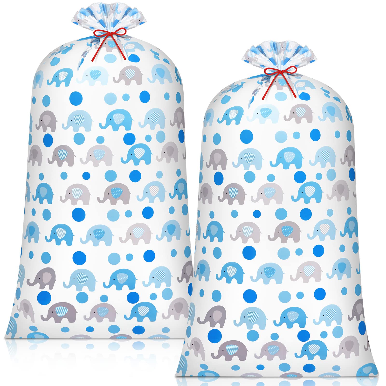 2 Pcs 70 Inches Jumbo Baby Shower Gift Bags - Large Oversized Plastic Party Favors with Ropes for Parents - Blue Elephant Polka Dot Design - Perfect for Baby Showers, Birthday Parties & Special Events
