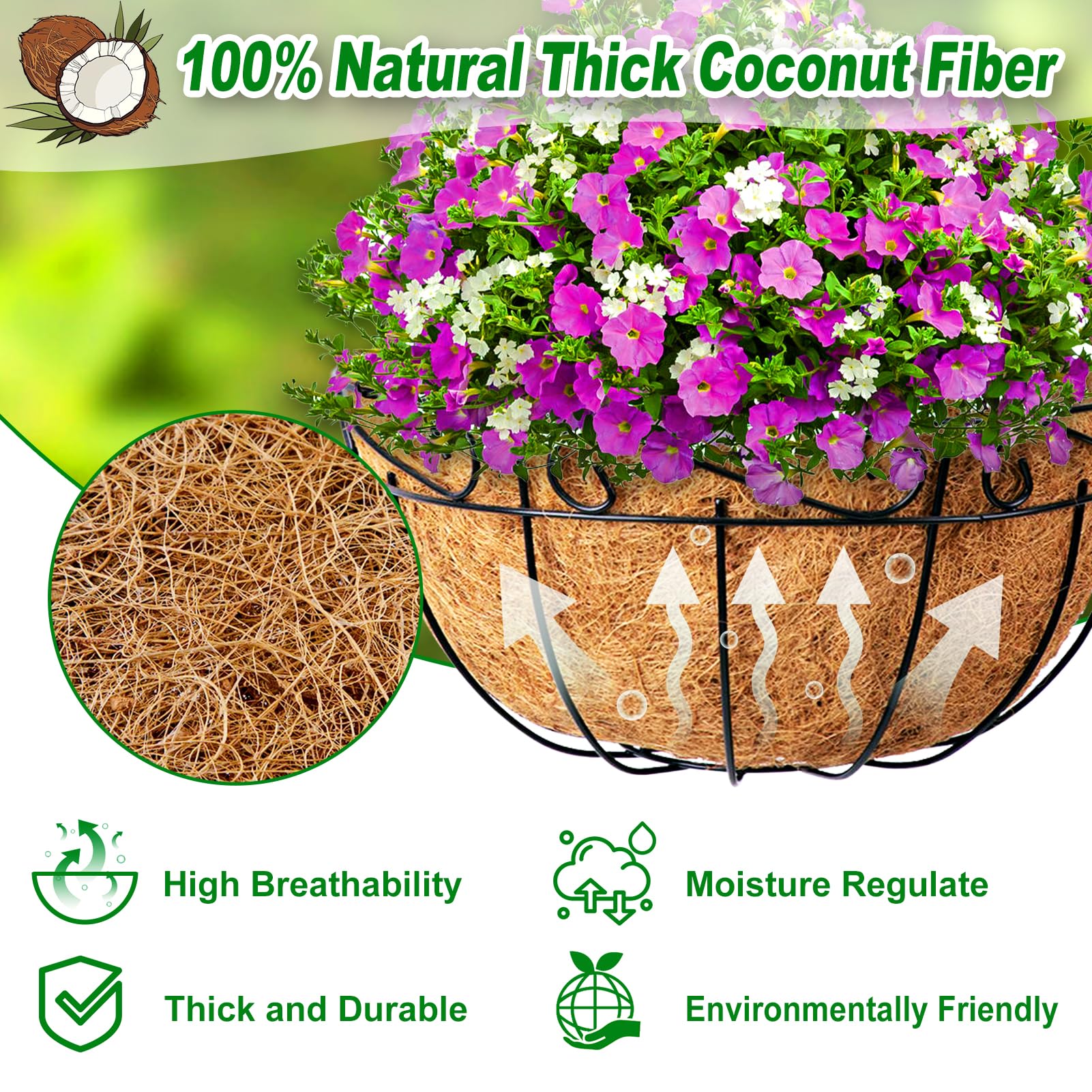 Remiawy 12 Inch Hanging Basket Coco Liners - 4 Pack Natural Coconut Fiber Planter Basket Liners for Outdoor Garden, Flowers, Vegetables - Durable & Eco-Friendly Replacement for Hanging Planters