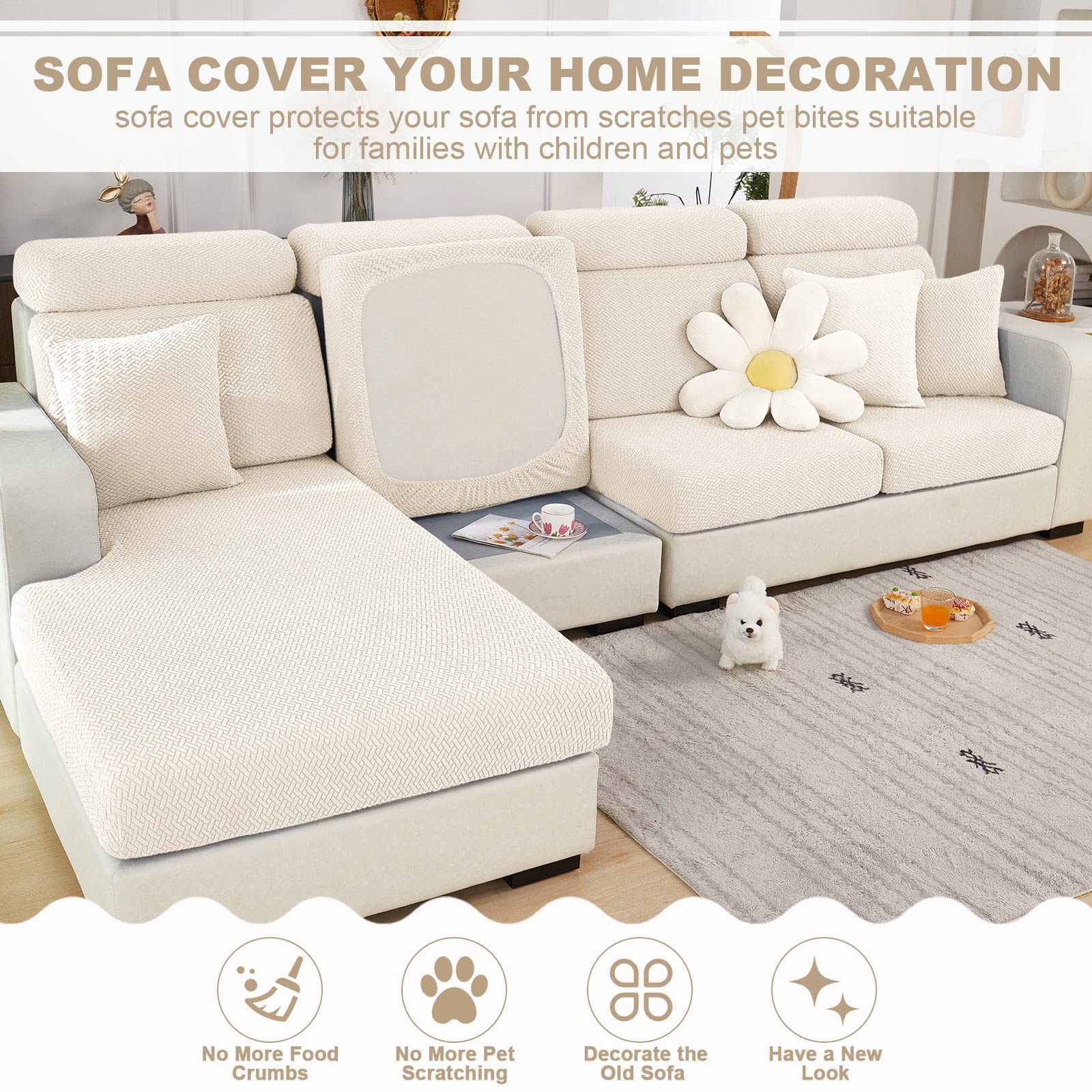 Elastic L-Shaped Sectional Sofa Slipcover with Chaise Lounge Cover - 61-73 Inch Length, 35-43 Inch Width - Durable Furniture Protector for Living Room (Weave White) - Perfect for Pet Owners & Family Gatherings
