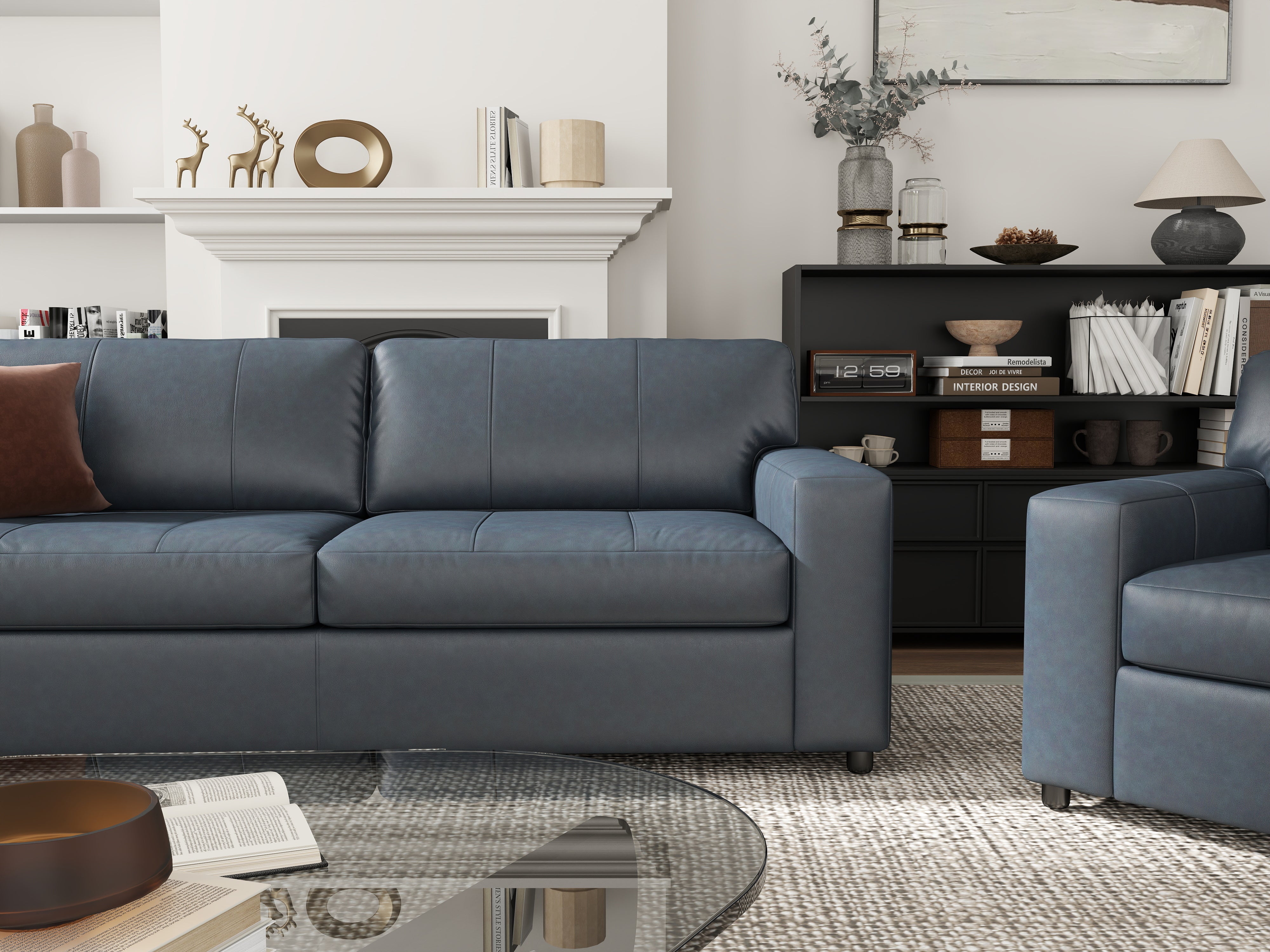 Roundhill Furniture Sakan Genuine Leather Upholstered Living Room Set - Sofa, Loveseat & Chair - Modern Sectional Couch for Home Theater, Family Room & Lounge Areas