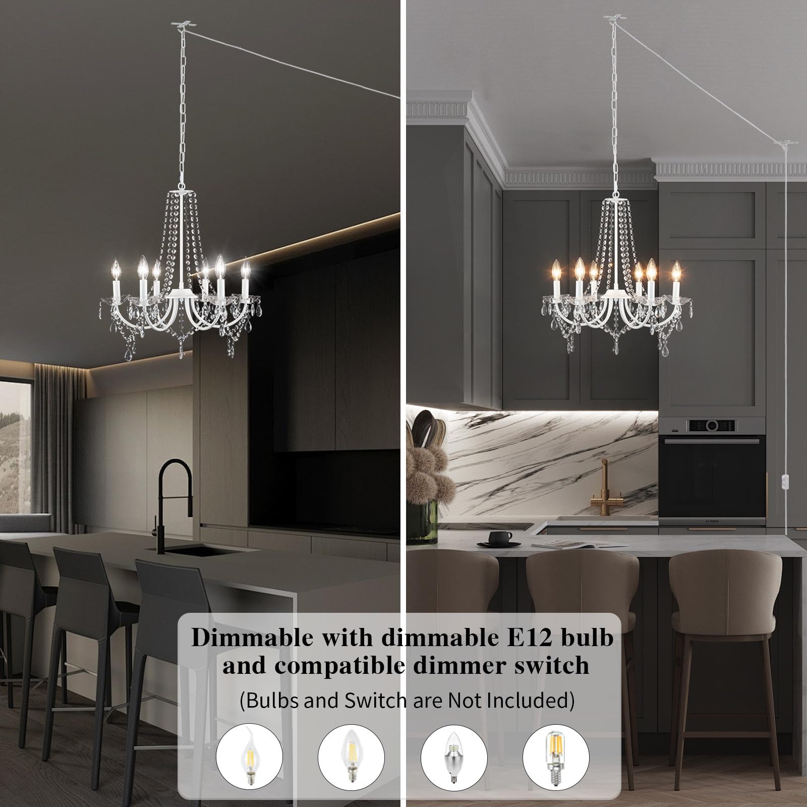 MEIJIA Modern Crystal Chandelier - 6-Light Plug in Ceiling Fixture with 15.75ft Cord, White Mini Chandelier for Dining Room, Bedroom, Bathroom & Hallway | Elegant Lighting for Home Decor & Special Occasions