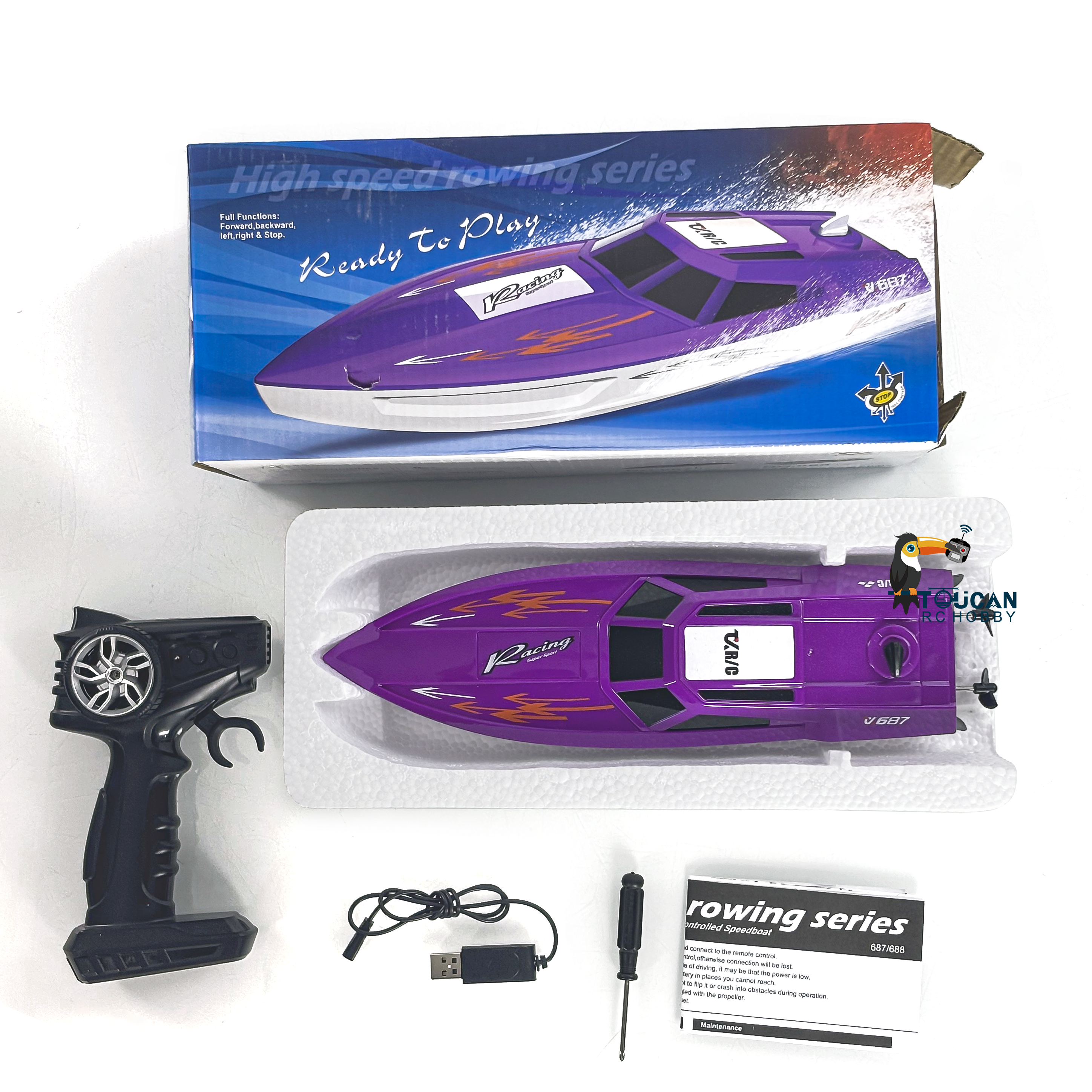 TOUCAN High Speed Electric RC Boat - Ready to Run (RTR) Radio Controlled Racing Ship for Kids & Adults - Durable Plastic Pool & Lake Toy for Outdoor Water Play - Painted & Assembled for Immediate Fun