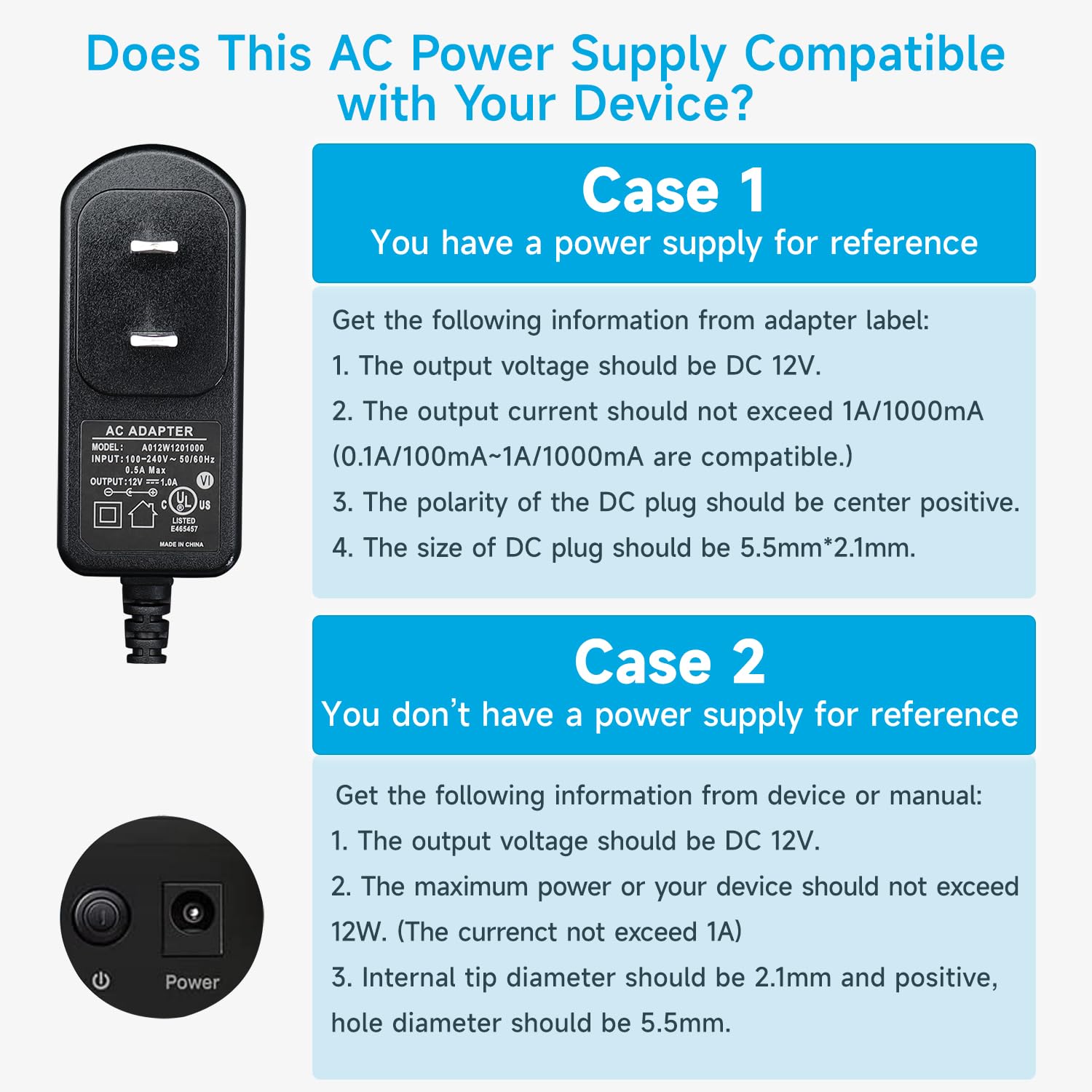 2 Pack AC 100-240V to DC 12V 1A Power Adapter - 12W Universal Power Supply with 3 Tips for LED Strips, Keyboards, Bluetooth Speakers - Perfect for Home Office, Gaming Setup & Security Cameras (UL Listed)