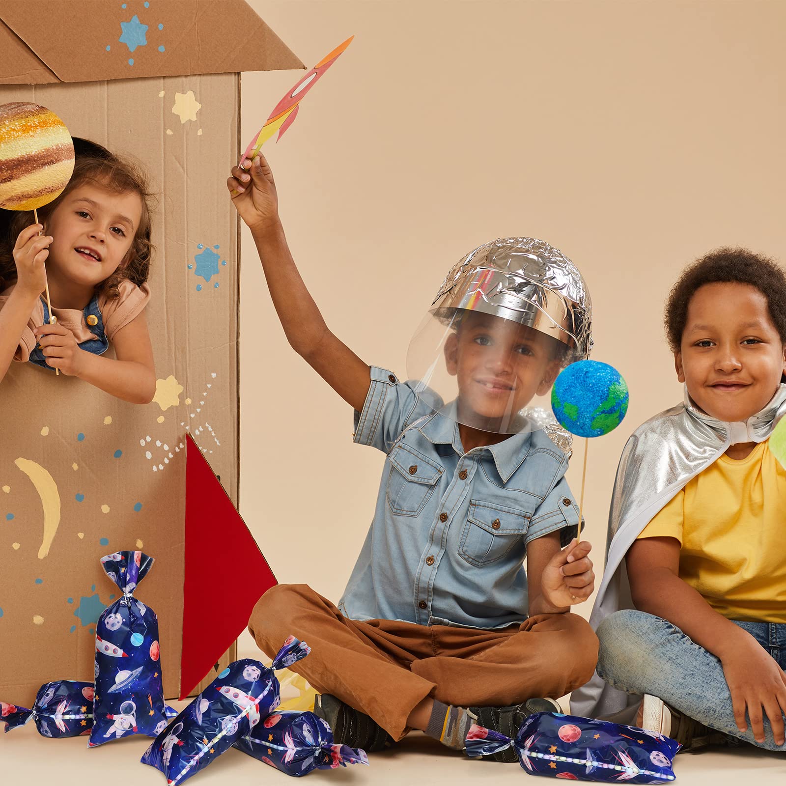Yexiya 120 Pcs Outer Space Cellophane Bags - Galaxy Themed Plastic Goodie Bags for Astronaut Party Favors, Candy & Birthday Decorations - Perfect for Space-Themed Birthday Parties, Baby Showers & Classroom Rewards