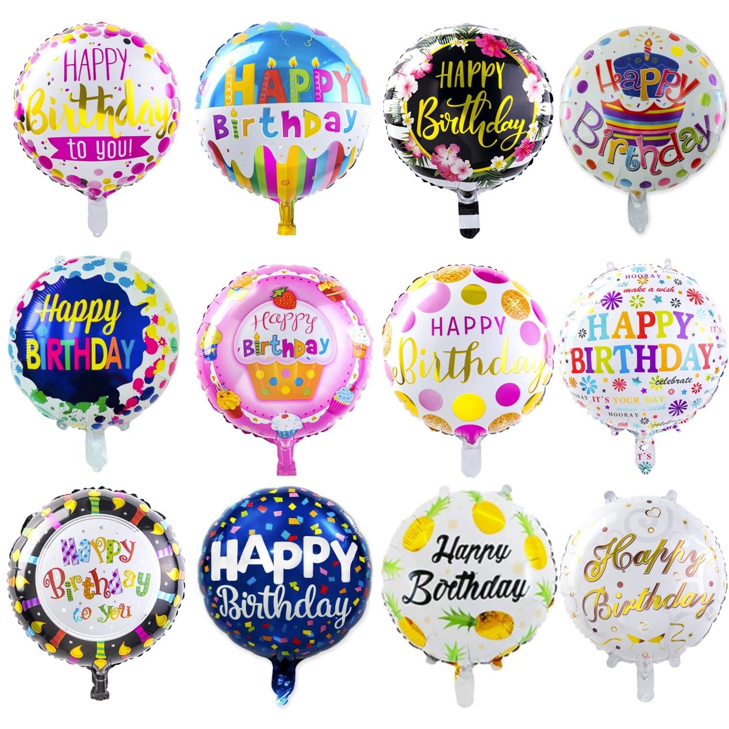 50-Pack Happy Birthday Aluminum Foil Balloons - 18 Inch Round Helium Floating Mylar Balloons for Party Decorations, Birthday Celebrations, Baby Showers & Special Events