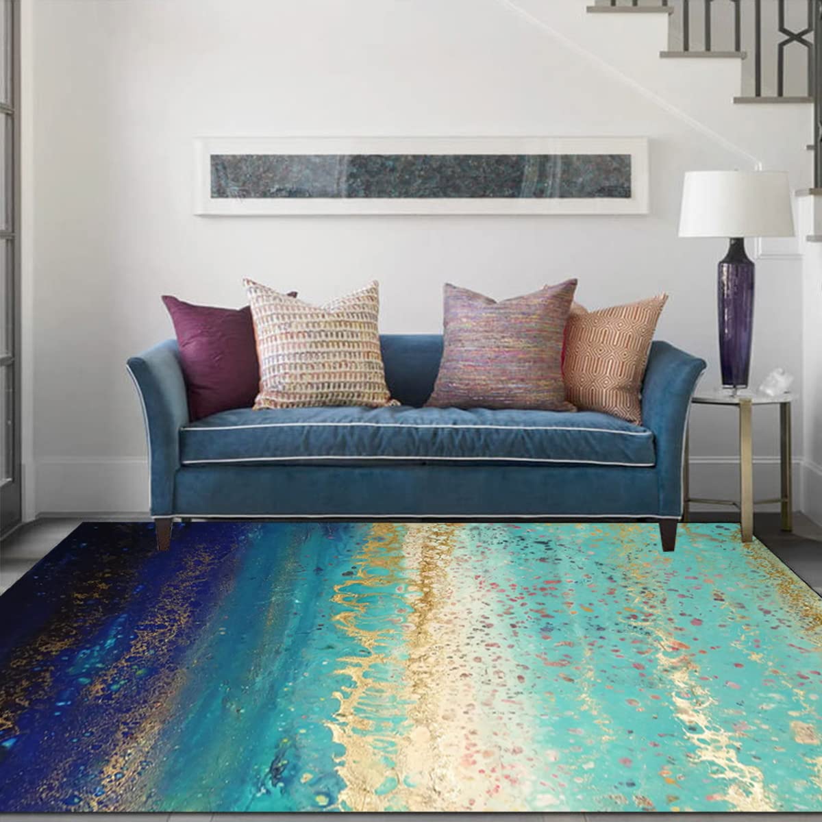 Ombre Blue Gold Modern Abstract Area Rug 5x8 - Coastal Beach Style Washable Soft Thick Rug for Living Room, Bedroom, Dining Room, Home Office & Playroom - Perfect for Farmhouse Decor & Lux Floor Covering