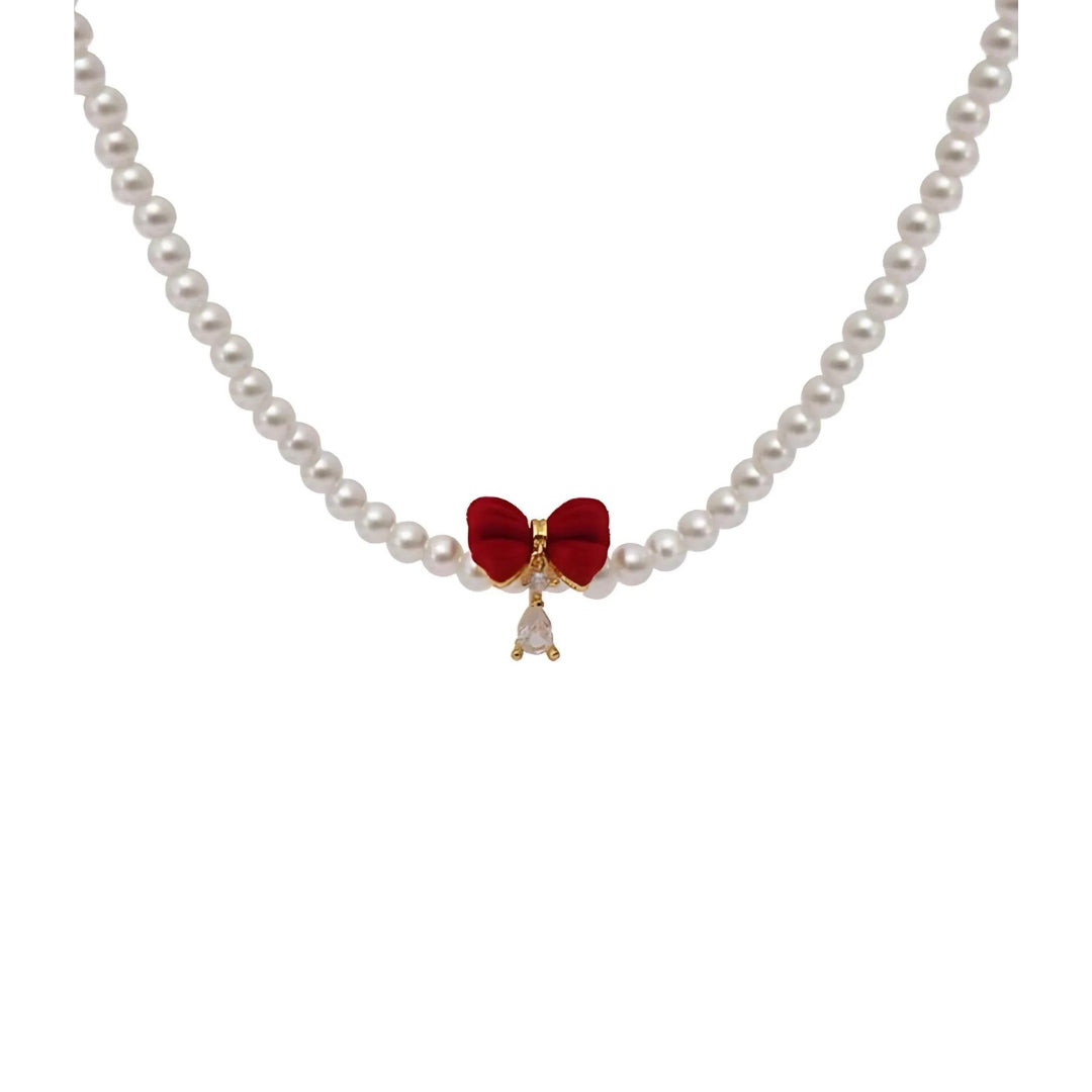 Elegant Red Bow Pearl Beaded Choker Necklace for Women | Vintage Pearl Bridal Jewelry Gift | Perfect for Weddings, Parties & Special Occasions