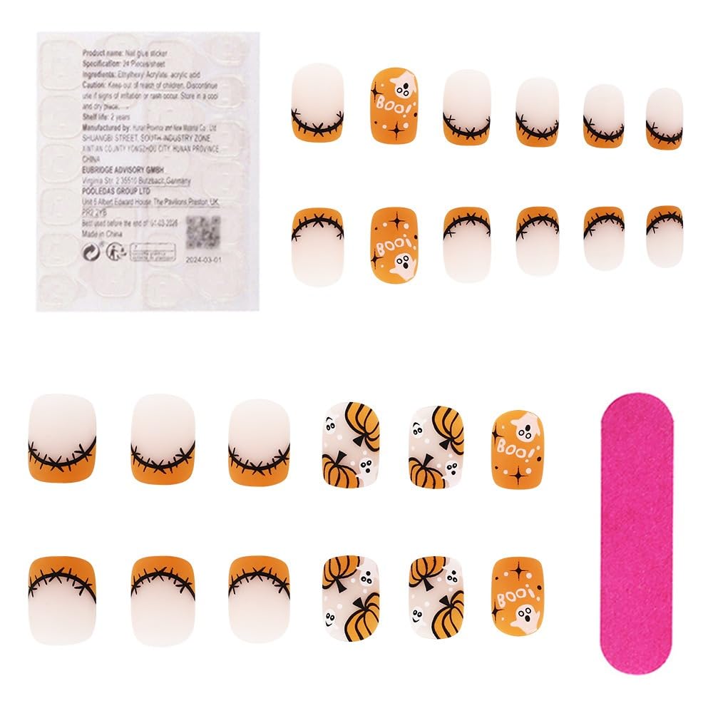 Halloween Pumpkin Press On Nails - Short Square Orange French Tip Acrylic Fake Nails with Ghost Designs | Matte False Nails for Women (24PCS) | Perfect for Halloween Parties, Cosplay & Spooky Nail Art