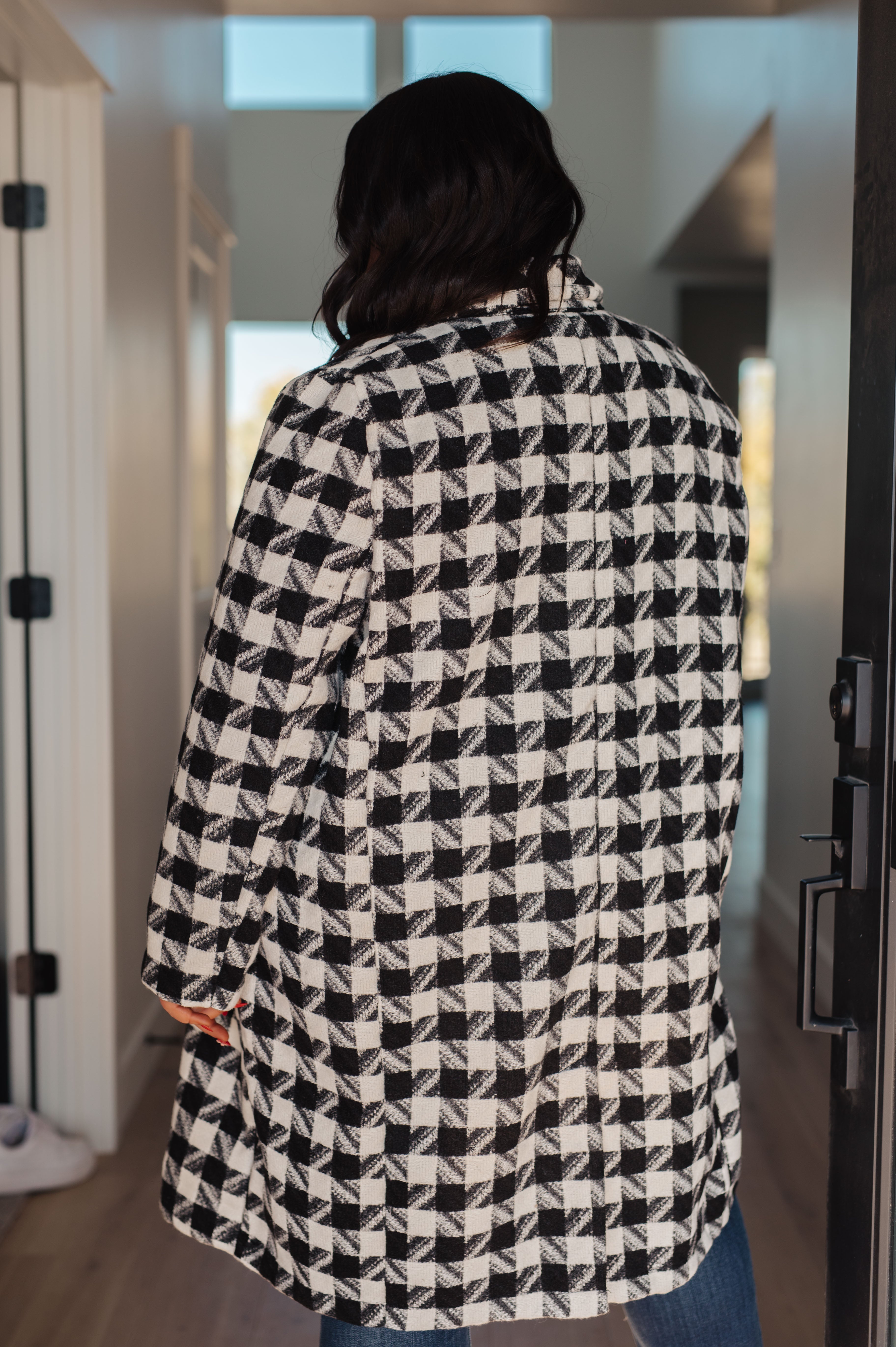 Stylish Monochrome Houndstooth Trench Coat for Women - Classic Black & White Checkered Winter Jacket | Perfect for Office Wear, Business Meetings & Fall Fashion Outfits