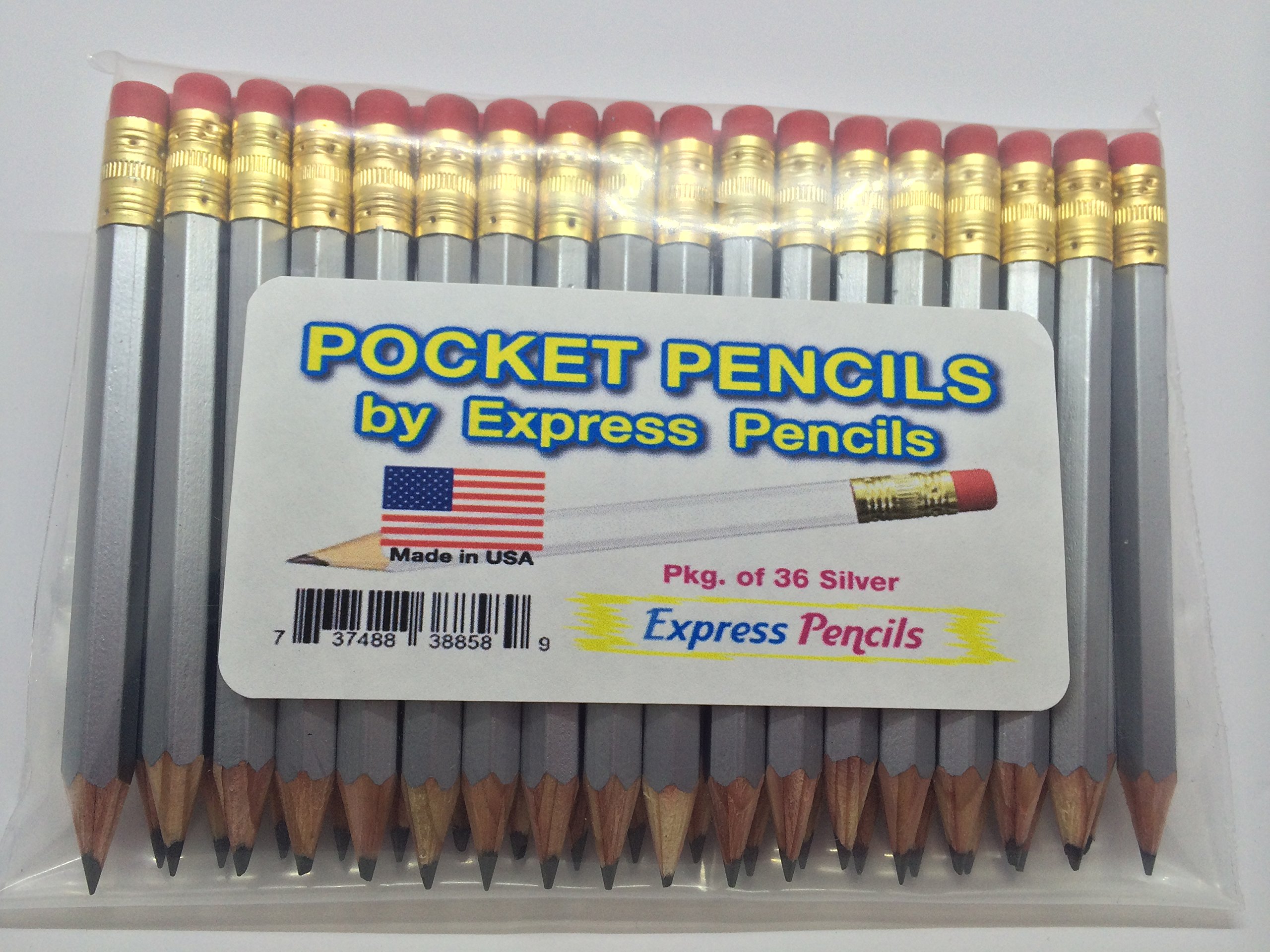 Premium #2 Hexagon Mini Pencils with Eraser - 36 Pack Short Golf Pencils for Classroom, Office & Tournaments - Silver Sharpened Pocket Pencils™ (Great for Golf Scorecards, Standardized Tests & Note-Taking)