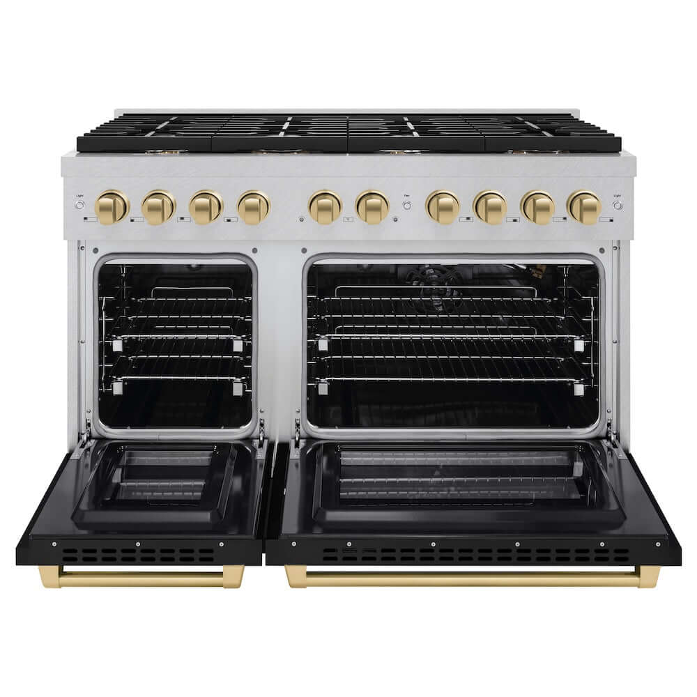 ZLINE Autograph Edition 48-inch 6.7 cu. ft. Double Oven Gas Range with 8 Burner Cooktop - Satin Stainless Steel, Black Matte Doors & Champagne Bronze Accents (SGRSZ BLM 48 CB) | Professional Kitchen Appliance for Home Chefs & Cooking Enthusiasts