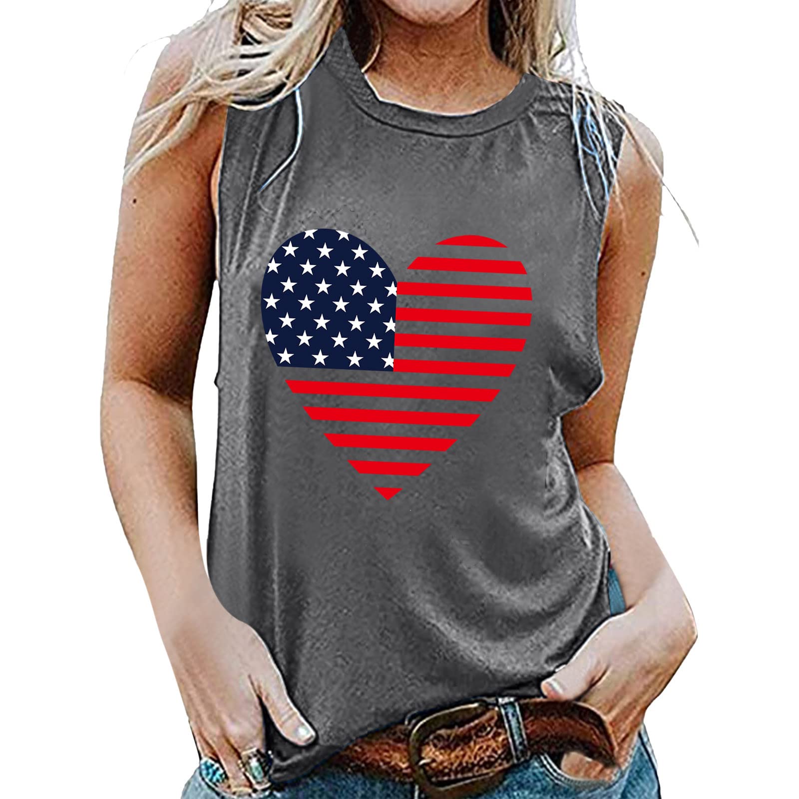 Women's Graphic Print Sleeveless Tank Top - Cotton Summer Casual Round Neck Camisole Blouse (Grey, XL) | Perfect for Independence Day, Beach Outings & Casual Wear