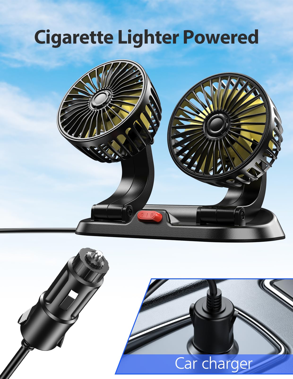 12V Dual Head USB Car Fan - Portable Brushless Cooling Fan for Vehicles with 3 Speeds & 360° Rotation - 2024 Upgraded for SUV, RV, Truck, Sedan, Cruise - Perfect for Road Trips, Camping & Hot Weather Driving (Cigarette Lighter Powered)