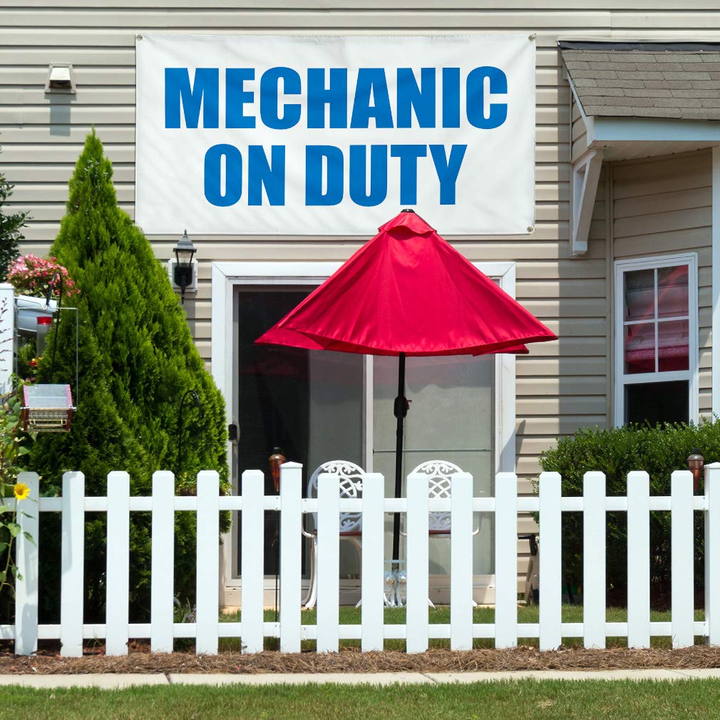 Vinyl Banner - Mechanic on Duty Business Sign - Weatherproof, Industrial, Outdoor Use - Multiple Sizes (48x96 Inches) with 8 Grommets - Perfect for Auto Shops, Construction Sites & Yard Safety Signs