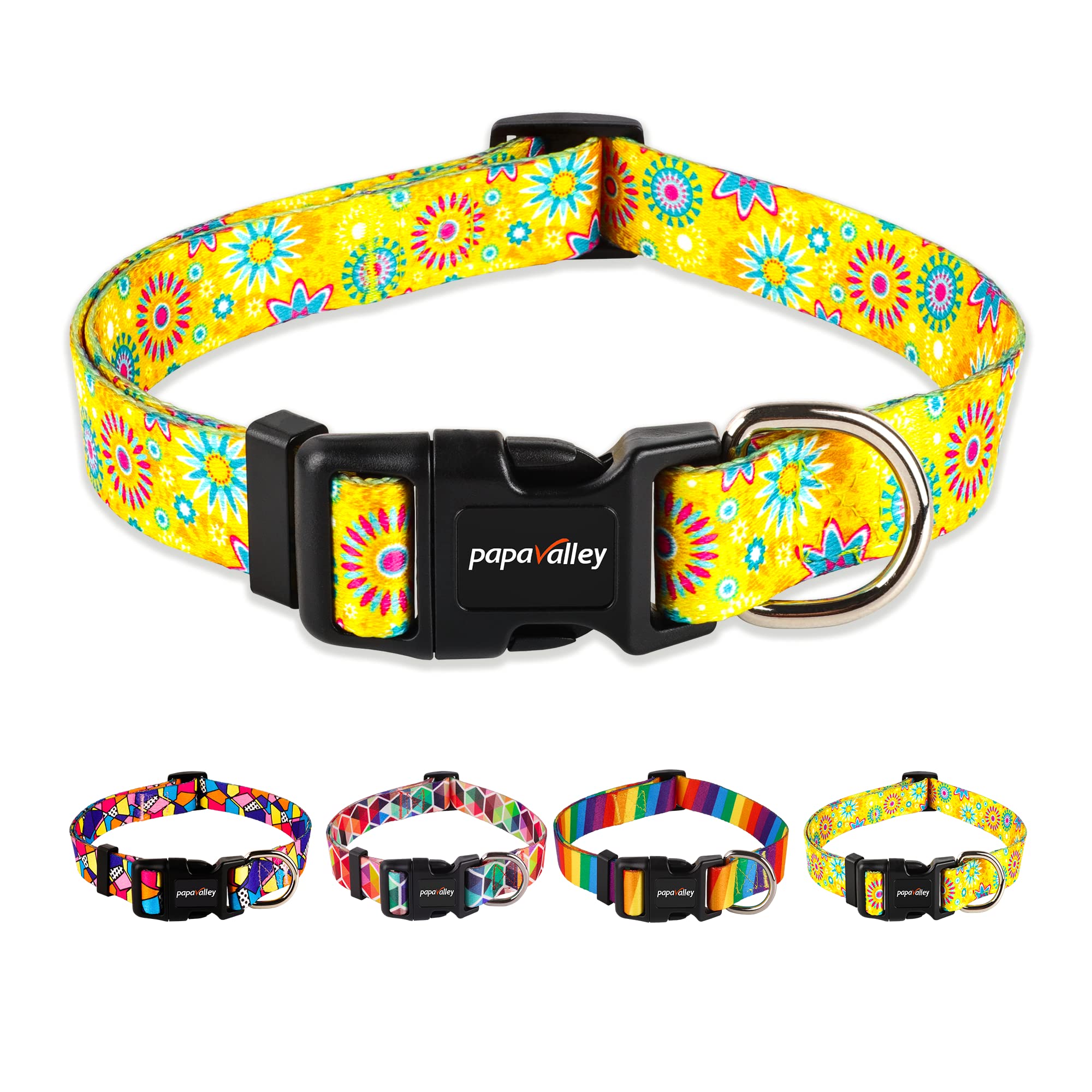 Adjustable Nylon Dog Collar with Safety Buckle - Small, Medium & Large Sizes for Puppies & Adult Dogs - Stylish Flower Pattern for Boys & Girls - Perfect for Walks, Training & Everyday Use