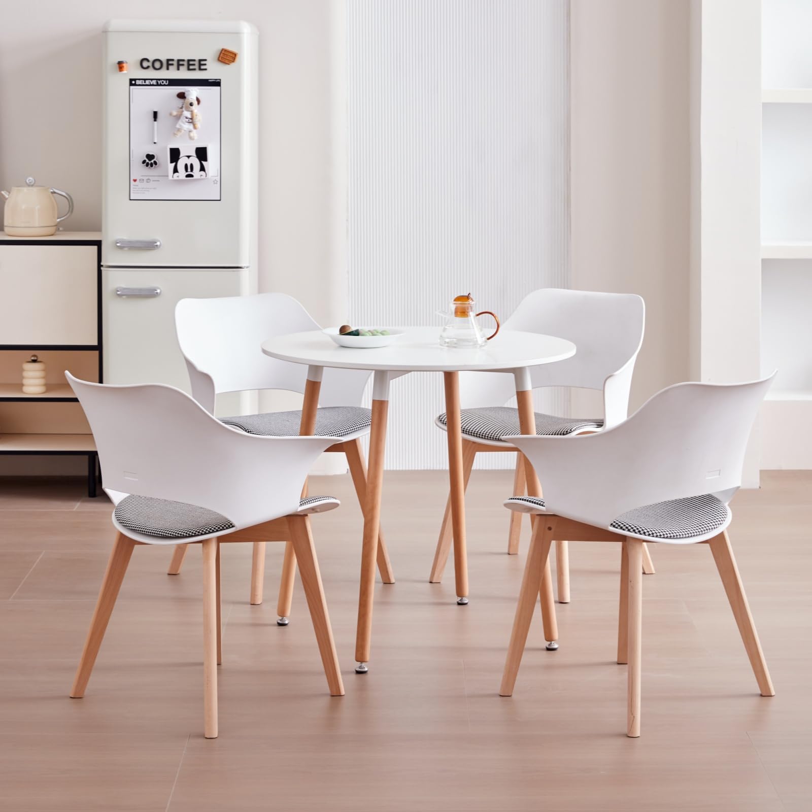 Modern Nordic Style Dining Chairs Set of 4 - White Linen Plaid Upholstered Kitchen Chairs with Armrests & Beech Wood Legs for Home, Restaurant, and Cafe Decor