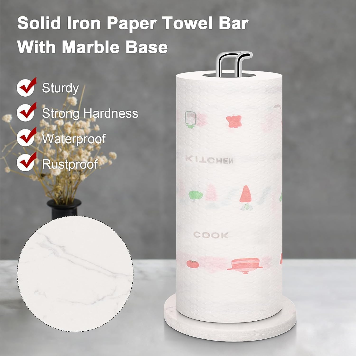 Premium Metal Paper Towel Holder with Marble Base - Sturdy Countertop Dispenser for Standard & Jumbo Rolls - Chrome Finish for Kitchen, Farmhouse & Living Room - Perfect for Easy Access While Cooking & Cleaning