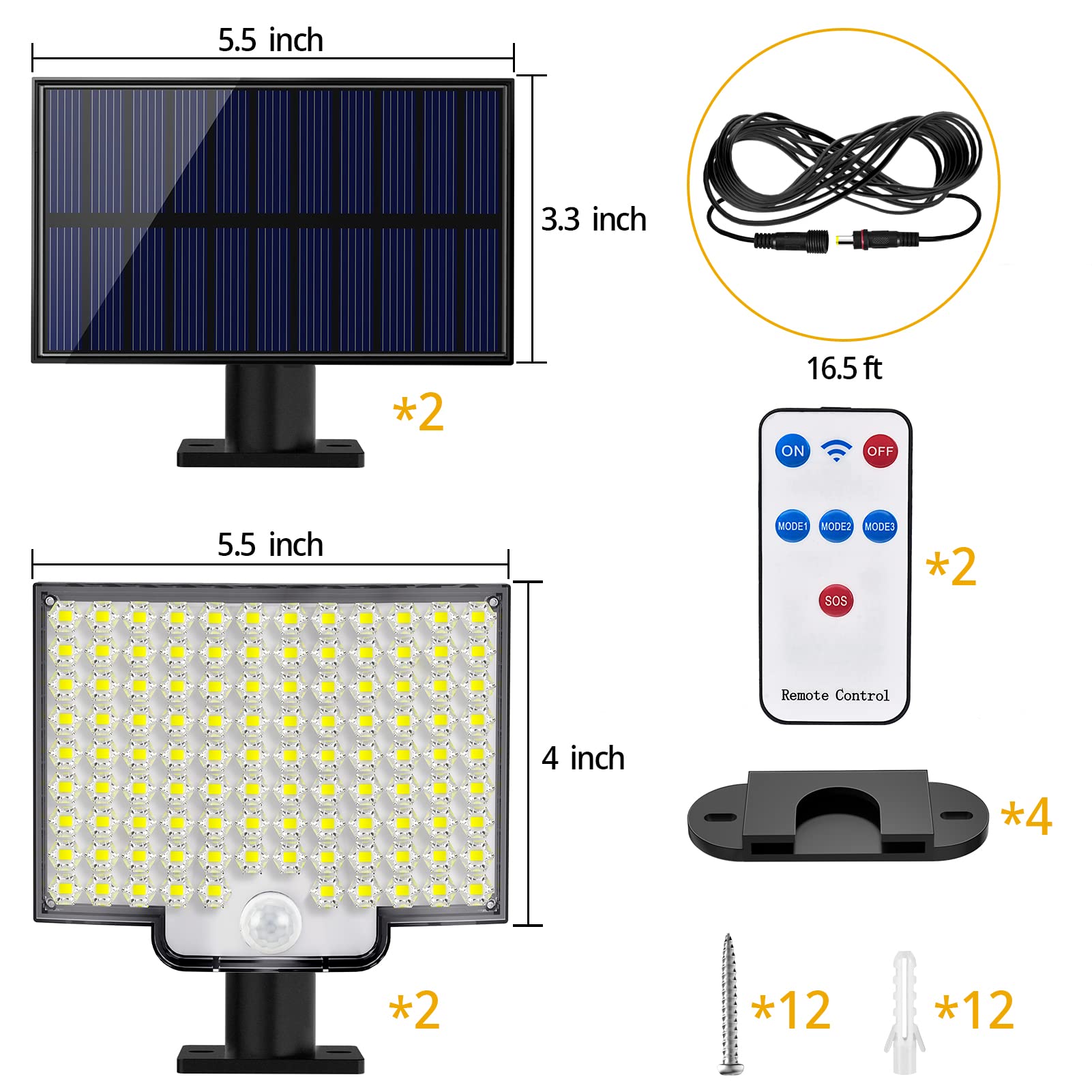 106 LED 3000LM Solar Powered Motion Sensor Flood Lights - IP65 Waterproof Outdoor Security Wall Lights with Remote & 16.5Ft Cable (2 Pack) - Perfect for Garage, Yard, Pathway & Driveway Lighting at Night