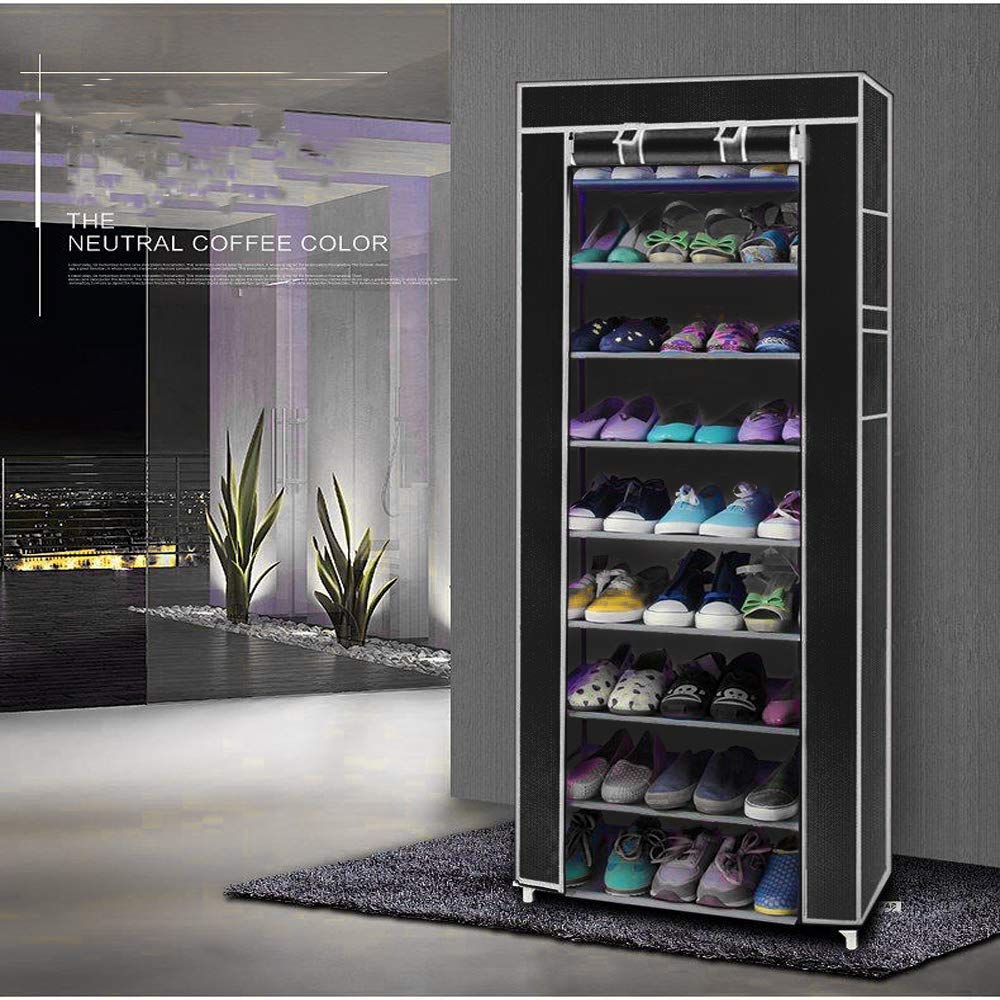 10-Tier Shoe Rack Organizer with Dustproof Cover - Portable Shoe Storage Cabinet Tower with Non-Woven Fabric - Perfect for Closet, Entryway & Bedroom Organization (Black)