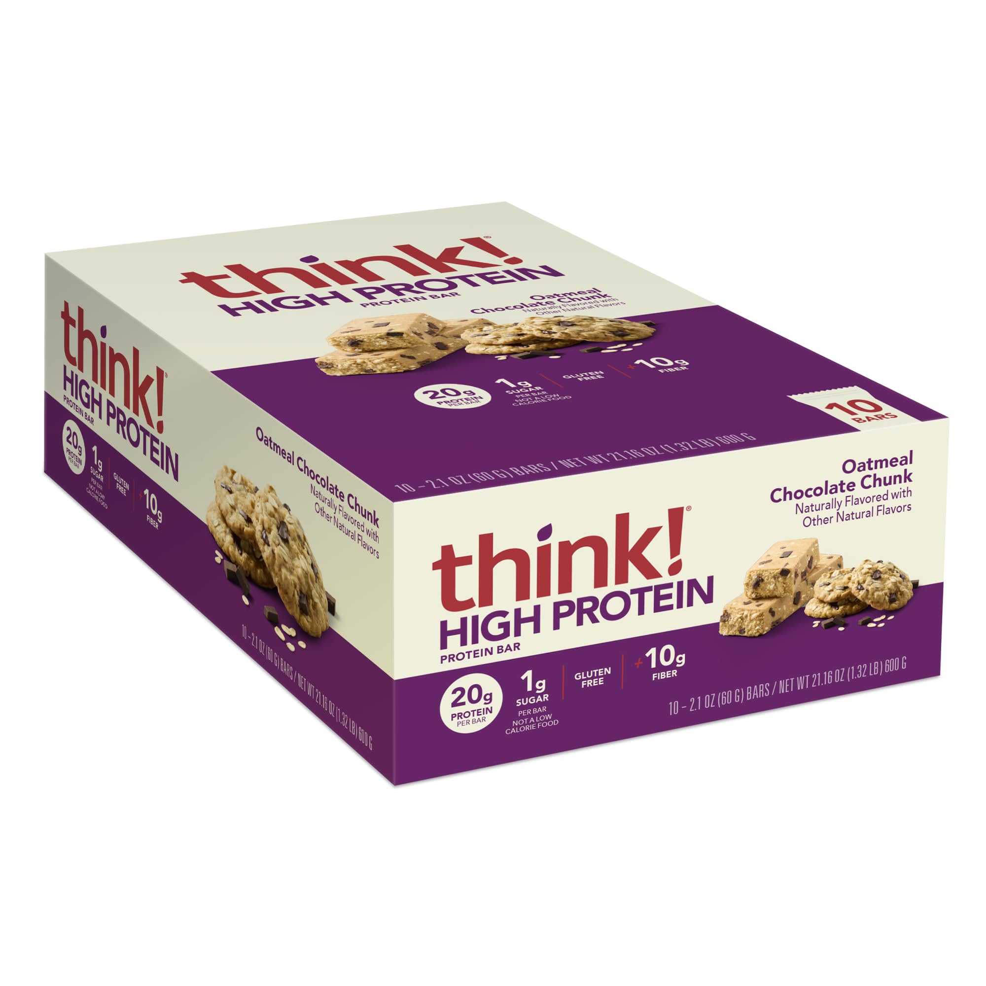 Think! Protein Bars - High Protein Snacks, Gluten Free, High Fiber, Oatmeal Chocolate Chunk (10 Count) | Perfect for Workout Recovery, Healthy On-the-Go Snacking & Weight Management