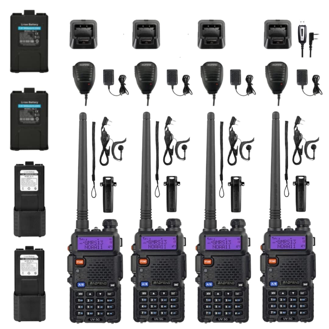 4 Pack BAOFENG UV-5X (UV-5G) GMRS Two-Way Radios - Long Range Walkie Talkies for Adults with 3800mAh Batteries & Speaker Mic - NOAA Weather Alert & CHIRP Programmable - Ideal for Camping, Hiking, and Outdoor Adventures