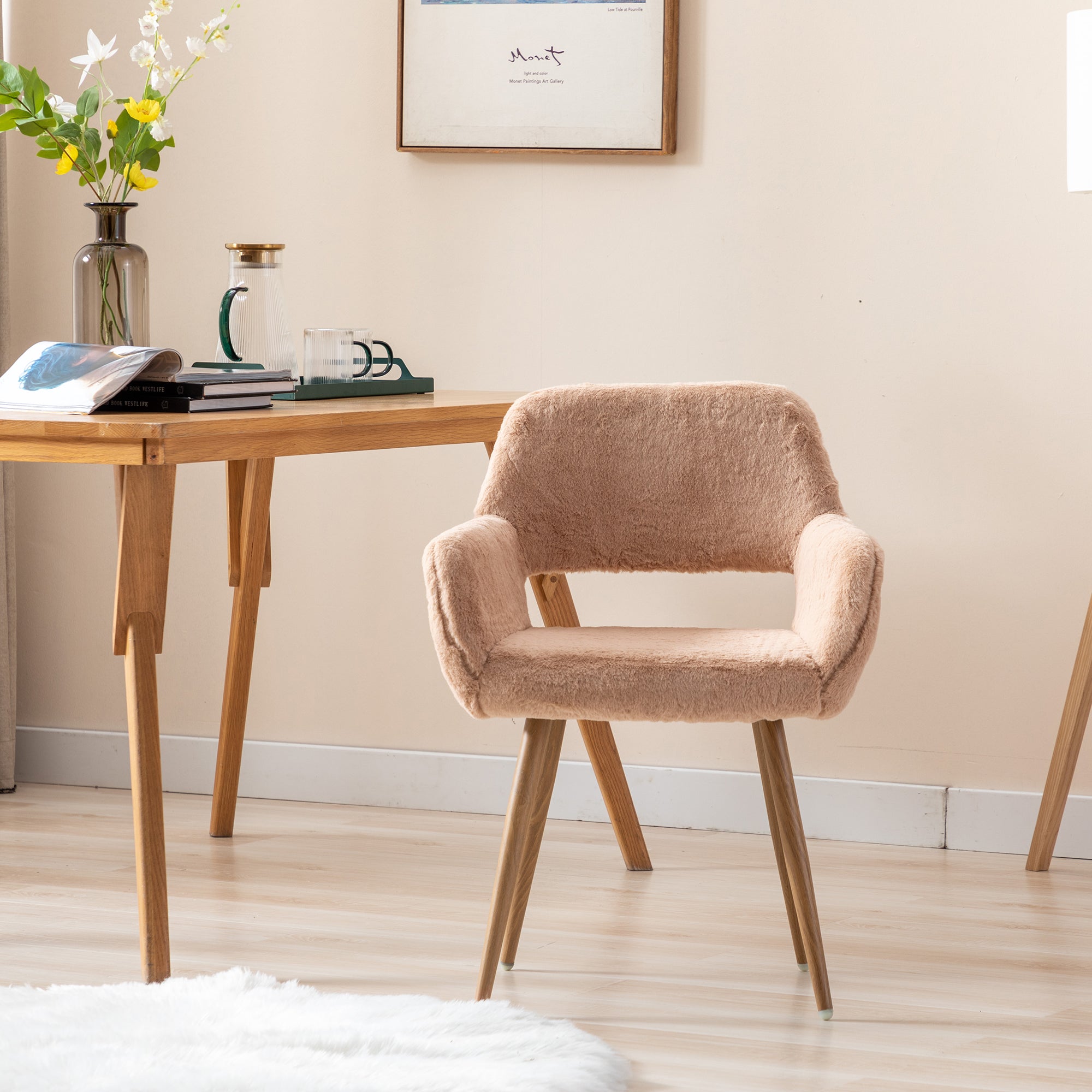 Mid Century Modern Dining Chairs with Faux Fur Upholstery & Steel Legs - Solid Painting Metal Frame for Dining Room, Kitchen, Living Room & Office - Comfortable Seating for Home Decor & Entertaining