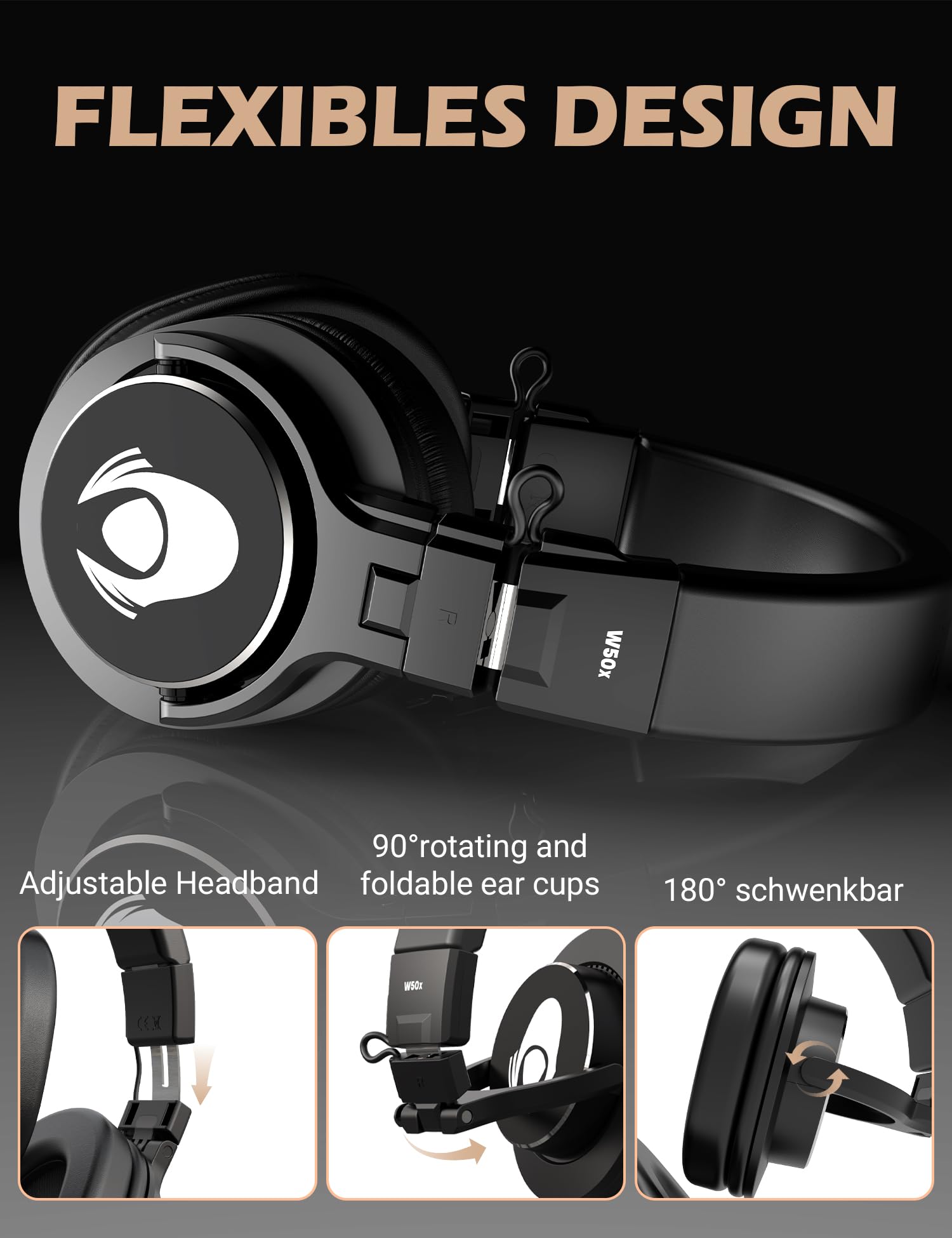 Professional W50X Over-Ear Studio Headphones - Closed-Back Wired Headphones with Detachable Cable for DJ, Mixing & Mastering | High-Fidelity Sound Isolation for Music Production, Recording & Gaming (Black)