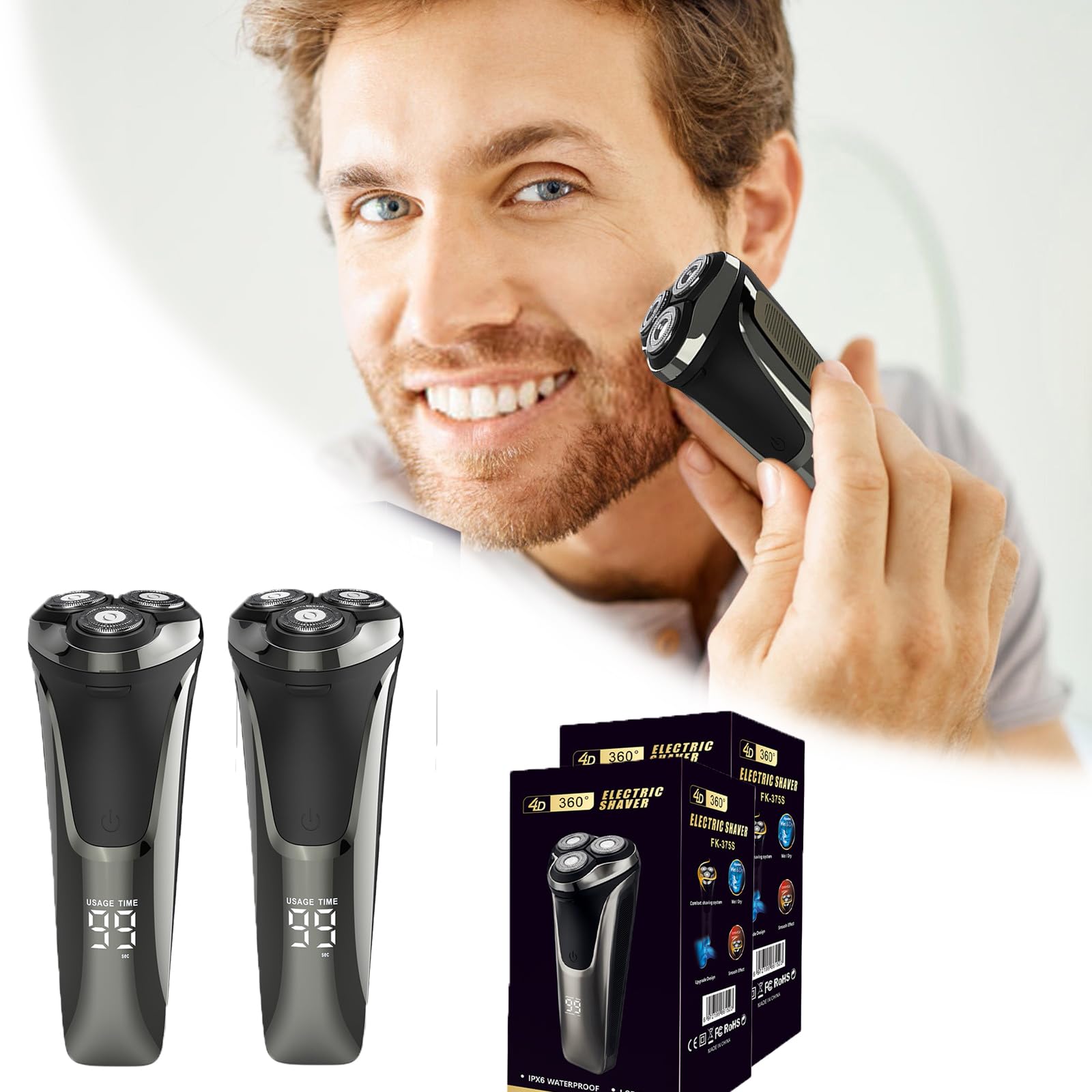 Premium 4D Floating Head Electric Razor for Men - IPX7 Waterproof, Wet & Dry Rechargeable Rotary Shaver with LCD Display (2-Pack, Black) - Perfect for Travel, Daily Grooming & Sensitive Skin Care