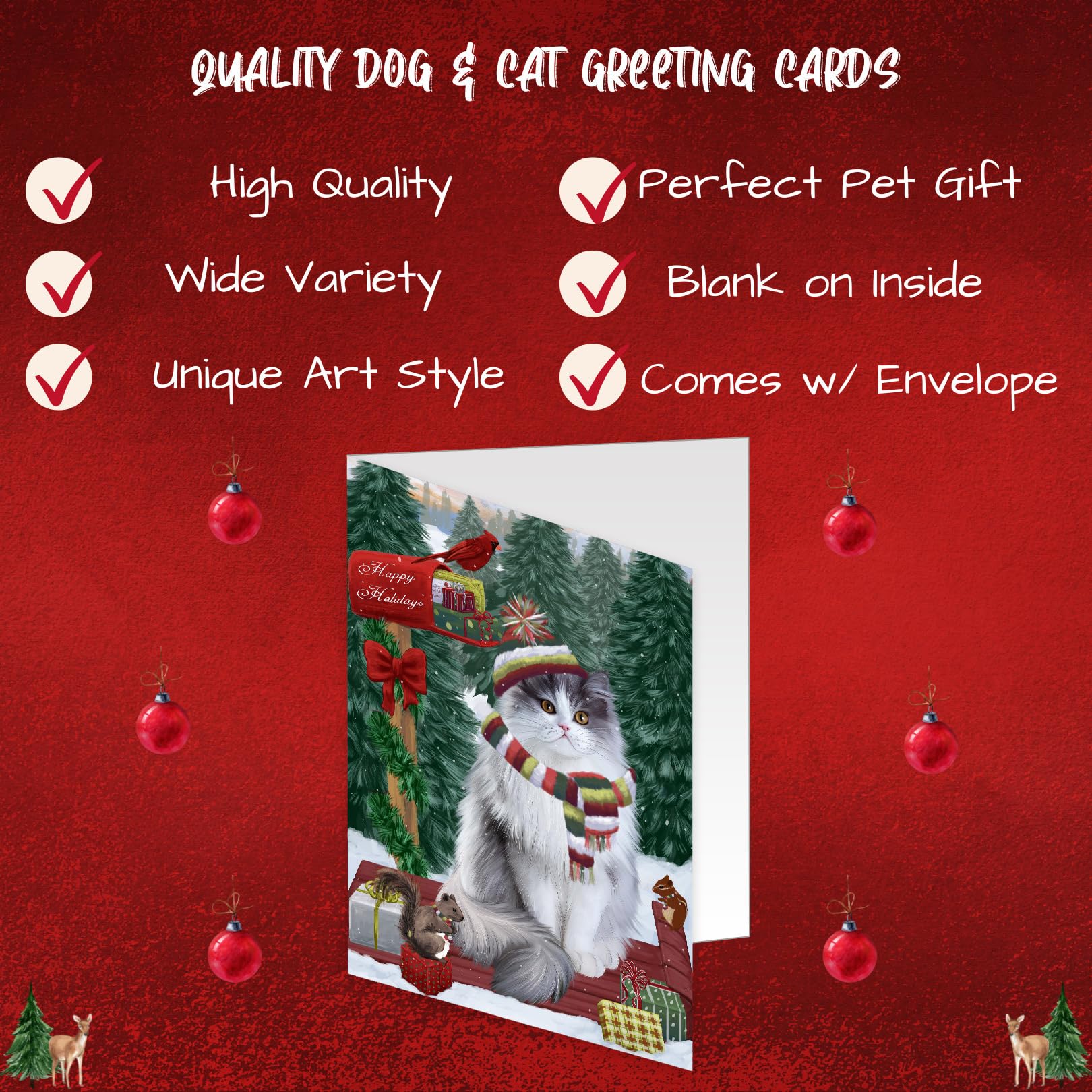 Merry Christmas Woodland Sled Persian Cat Greeting Cards - 10 Adorable Pet Christmas Cards with Envelopes - Festive Holiday Invitations for Cat Lovers - Perfect for Pet Owners, Christmas Parties & Holiday Mailings