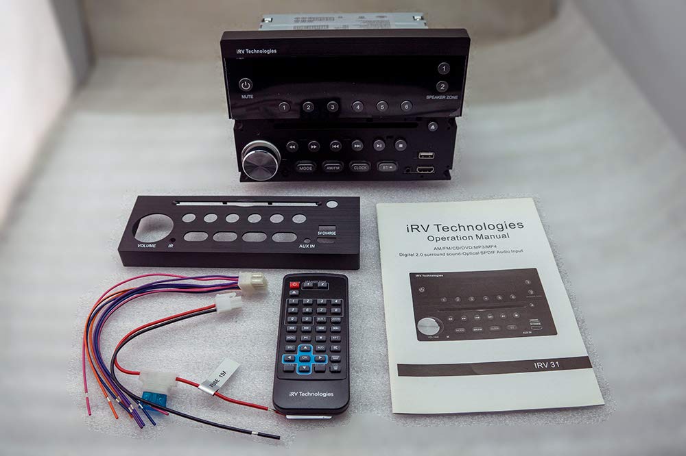 iRV Technology IRV31 AM/FM/CD/DVD RV Stereo Receiver - 2 Zone Wall Mount, 2.1 Channel Surround Sound with 5