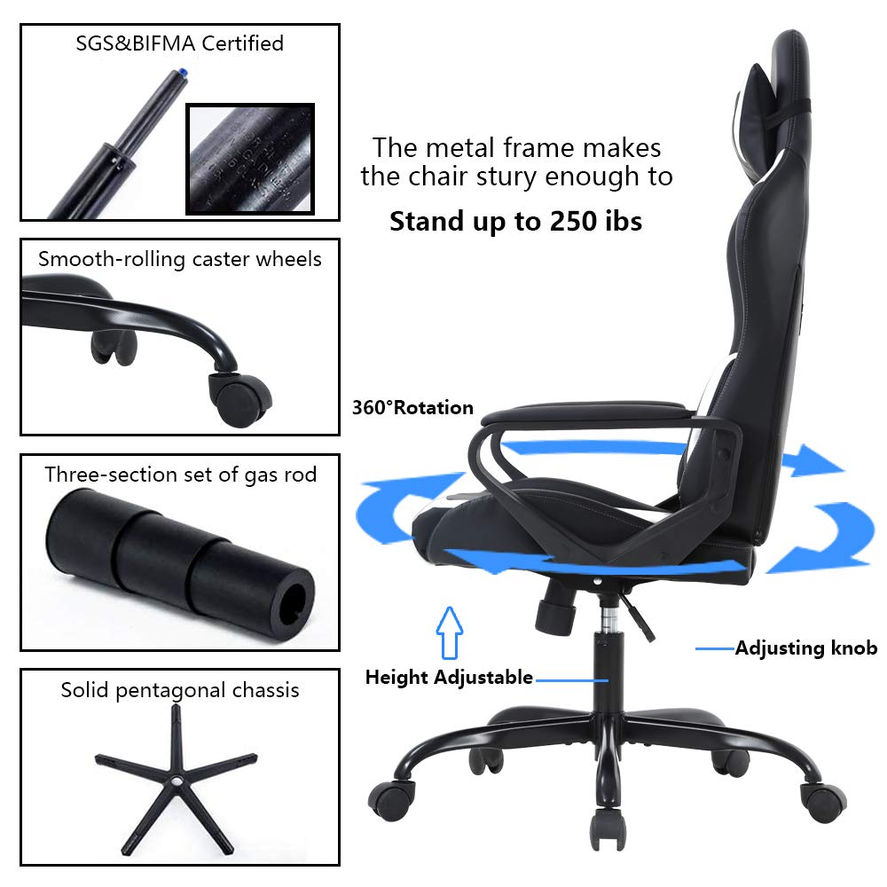 Racing Style Gaming Chair - Ergonomic High Back Office Chair with Adjustable Headrest & Lumbar Support - White Leather Computer Desk Chair for Gaming, Work & Home Office Use