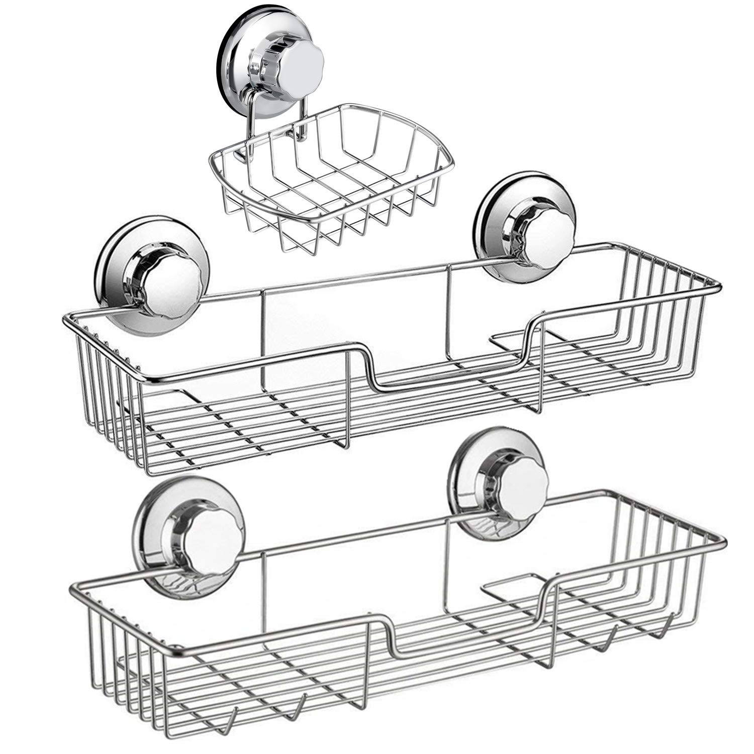 iPEGTOP 3-in-1 Suction Cup Shower Caddy | Rustproof Stainless Steel Bathroom Wall Shelf with Soap Dish Holder | Holds Large Shampoo & Shower Gel Bottles | Perfect for Small Bathrooms, Apartments & Dorm Rooms