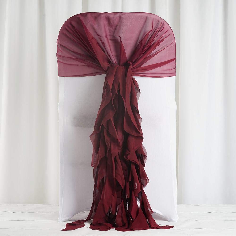 50 Burgundy Premium Curly Chiffon Chair Covers with Sashes - Elegant Wedding, Party, Ceremony & Reception Decorations - Perfect for Banquet Halls, Bridal Showers, and Special Events