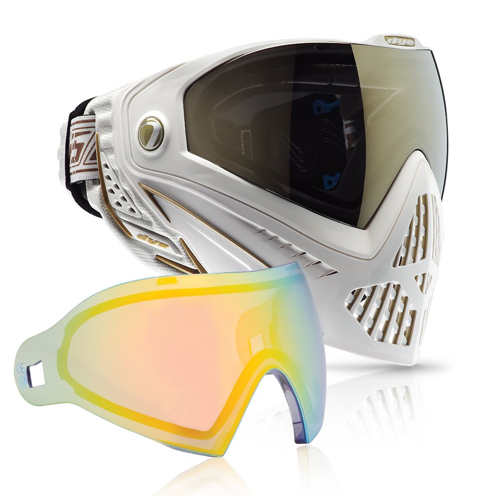 Dye i5 Paintball Mask - White/Gold with Northern Lights Thermal Lens - Anti-Fog, UV Protection for Outdoor Paintball Games & Tournaments