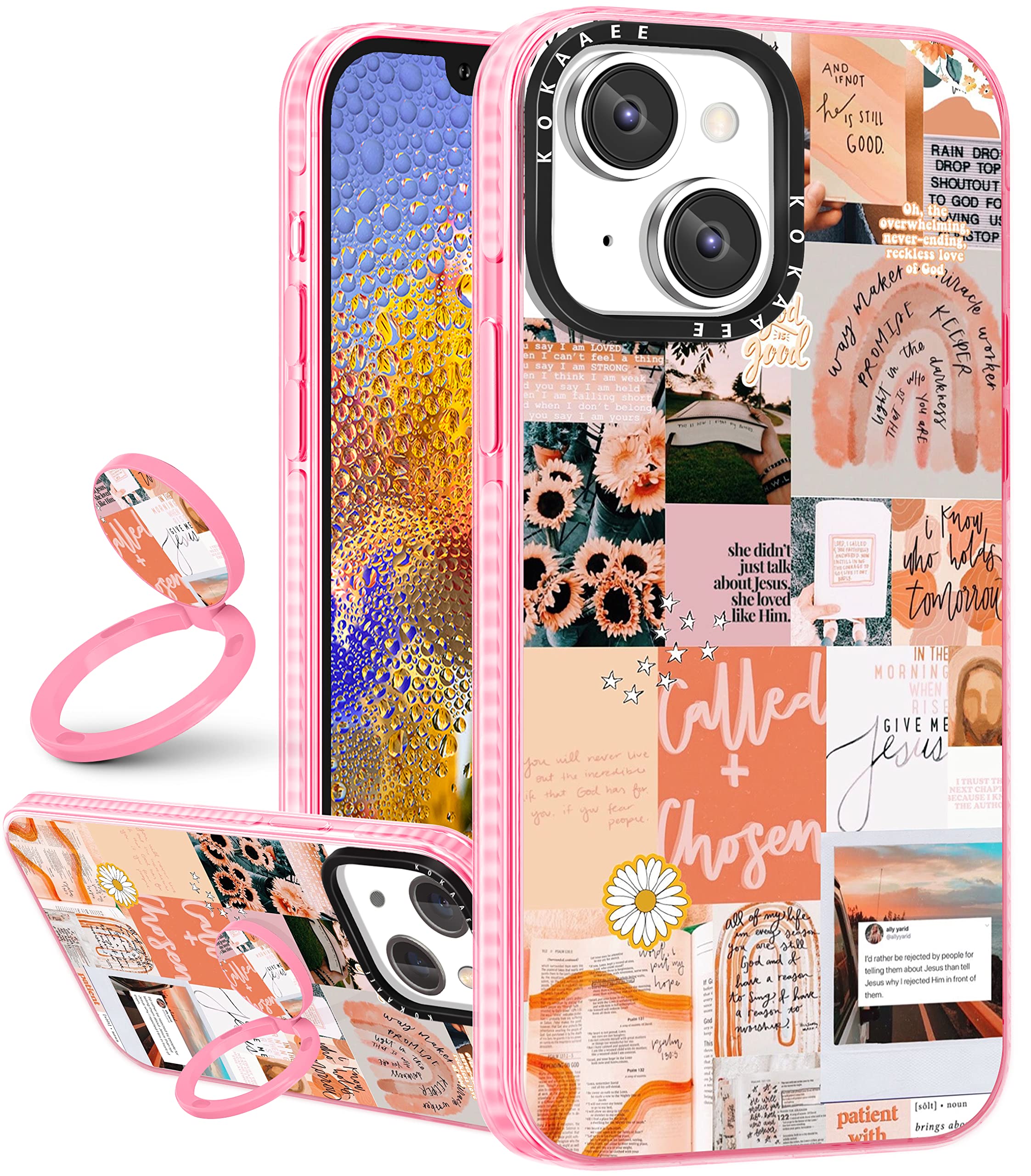 2 in 1 iPhone 14 Plus Case with Ring Holder - Trendy Aesthetic Collage Design, Soft TPU Bumper Cover for Women & Girls, Cute Quotes & Good Vibes Art (6.7