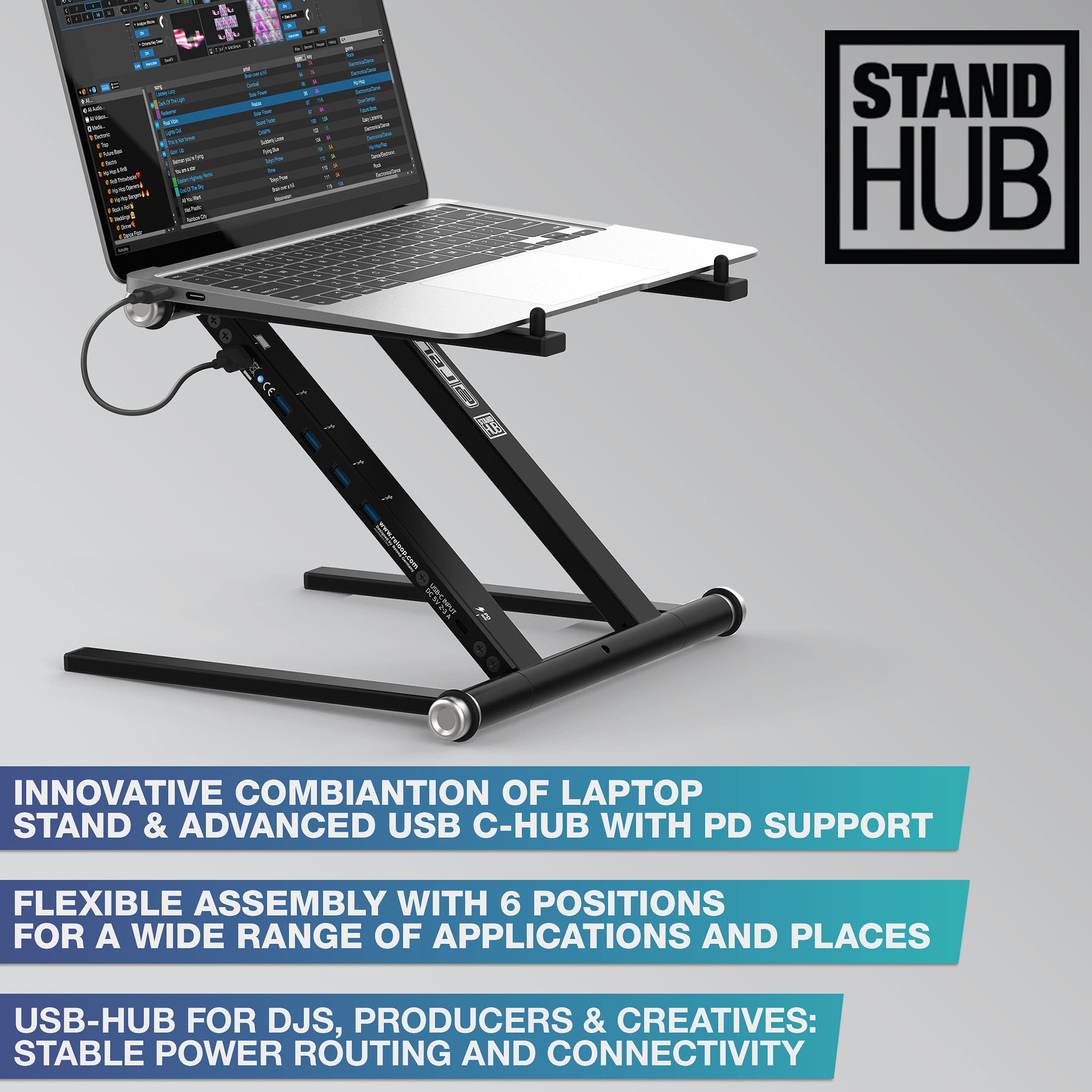 Reloop Stand Hub Advanced - Adjustable Laptop Stand with USB-C PD Charging for MacBook, iPad & More | Perfect for Home Office, Gaming & Studio Setup