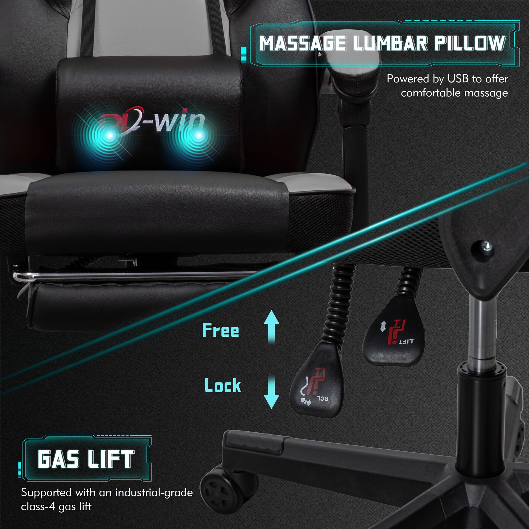 Premium Ergonomic Gaming Chair for Adults - Big and Tall Computer Chair with Adjustable Height, 360° Swivel & Massage Lumbar Support - Includes Footrest for Ultimate Comfort (Grey) - Perfect for PC Gaming, Office Work & Home Entertainment Setup