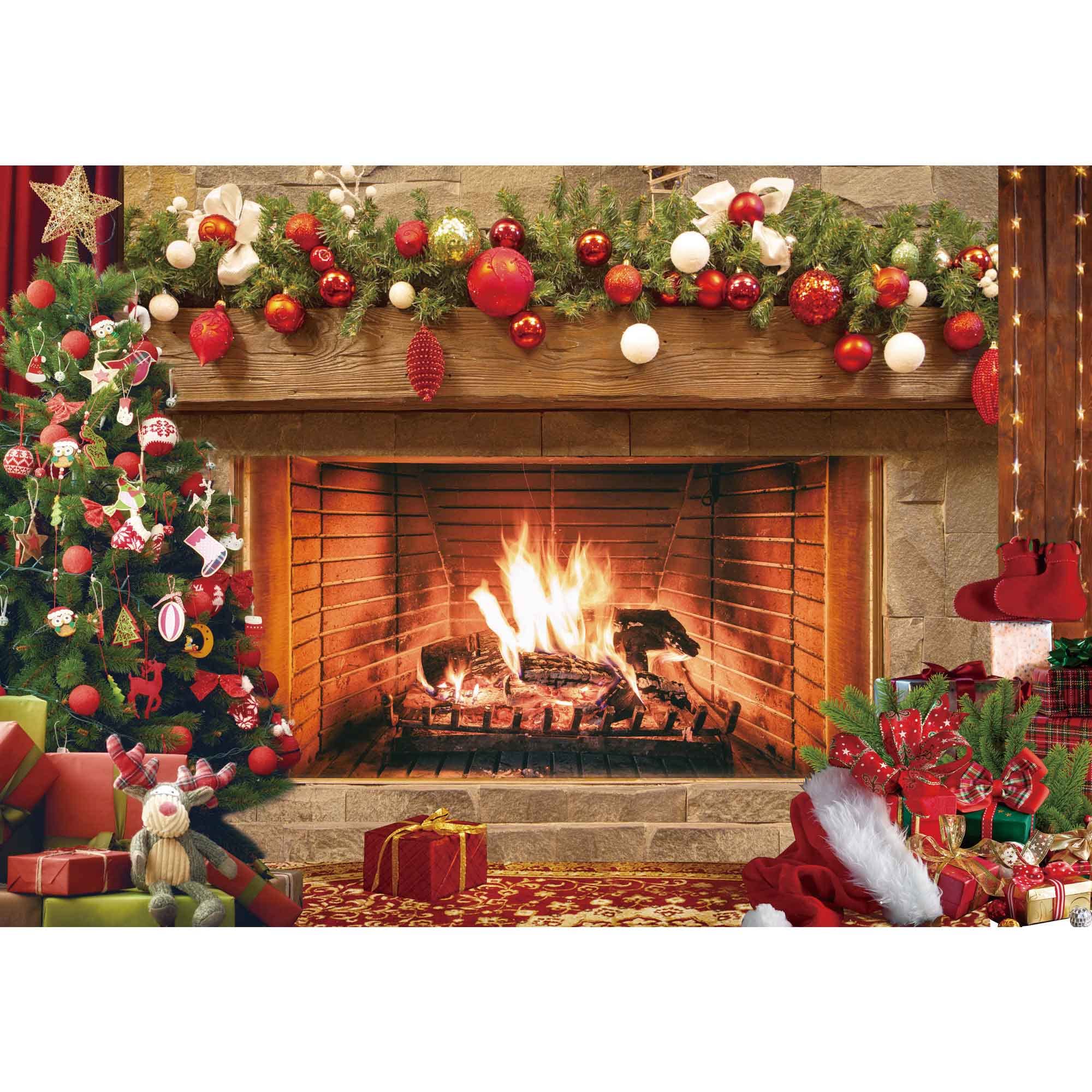 7x5ft Vintage Christmas Fireplace Backdrop - Polyester Fabric Xmas Tree Sock Photography Background for Kids Portraits, Holiday Parties, Photo Studio Booth Decorations & Seasonal Home Decor