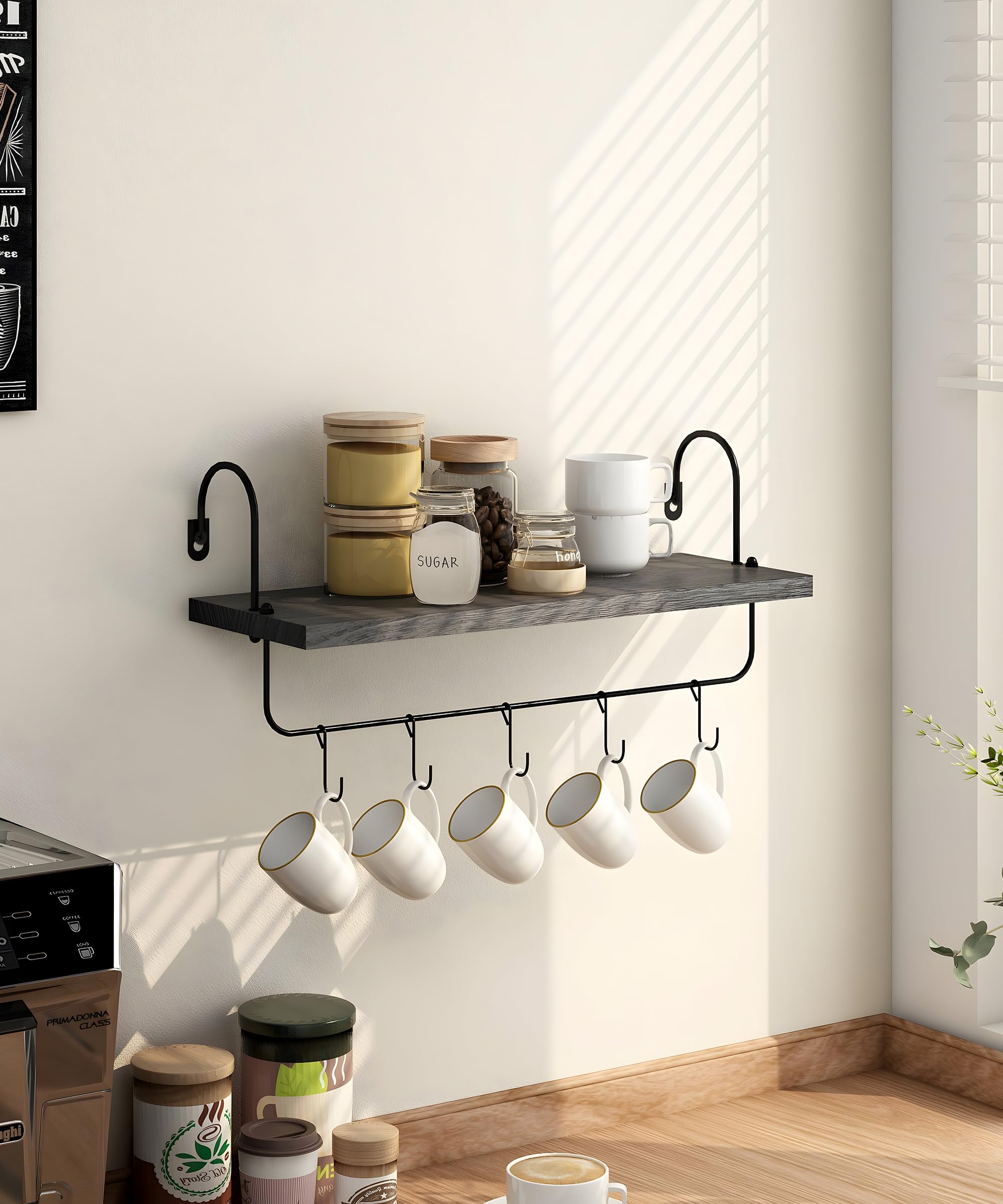 Farmhouse Style Wall Mount Coffee Mug Holder - Rustic Cup Organizer with Hooks for Coffee Pods Storage, Black - Perfect for Kitchen Decor & Coffee Bar Accessories (Ideal for Small Spaces & Coffee Station Organization)