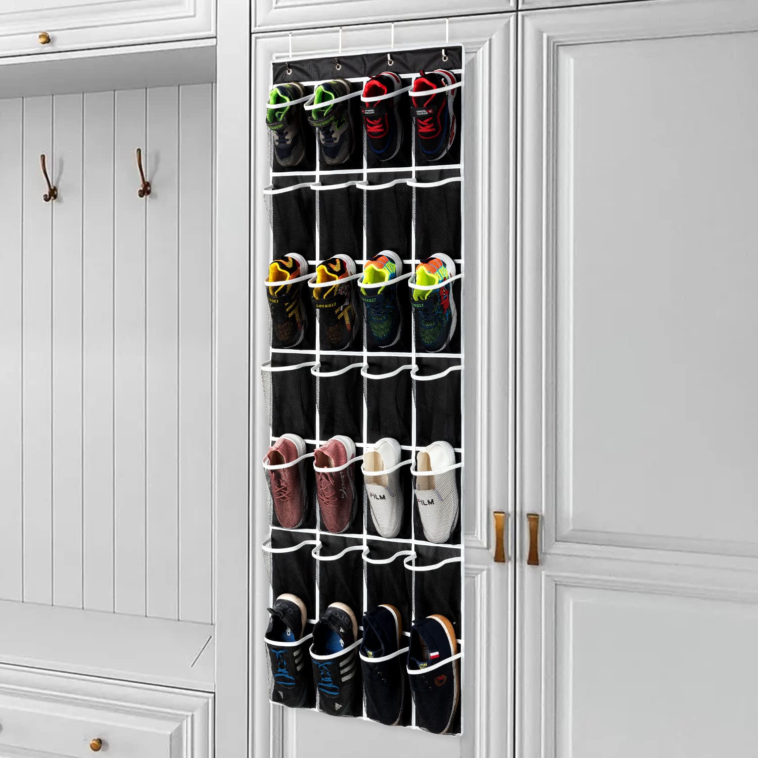 28-Pocket Over The Door Shoe Organizer - Large Capacity Hanging Shoe Storage Bag with 4 Metal Hooks (Black, 1 Pack) | Perfect for Closet Organization, Entryway Storage & Small Space Saving Solutions