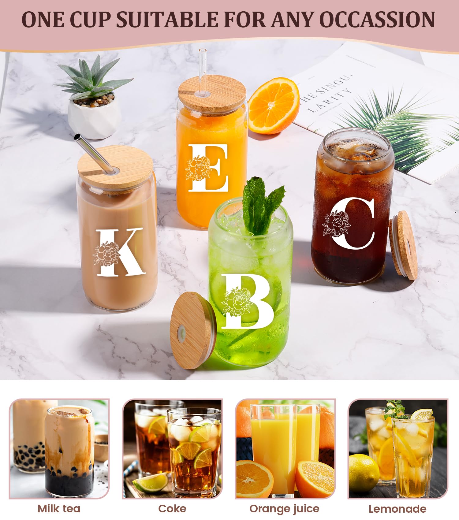 Personalized 16oz Glass Tumbler with Bamboo Lid & Straw - Custom Name Engraved Coffee Cup for Women, Mom - Perfect Gift for Christmas, Birthday, Anniversary - Ideal for Iced Coffee, Smoothies & Home Decor