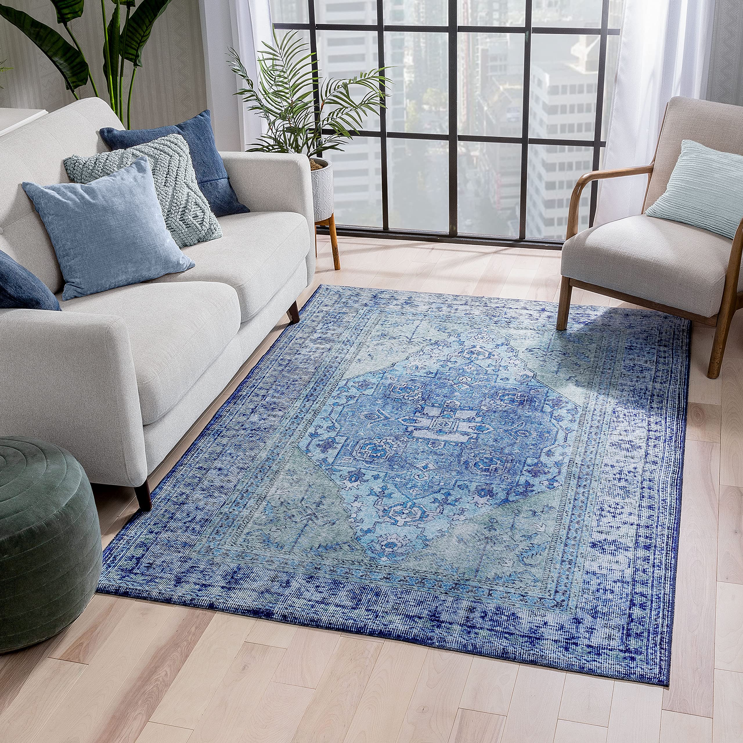 Well Woven Overdyed Helode Machine Washable Blue Vintage Oriental Medallion Area Rug 5' x 7' - Perfect for Living Room, Bedroom & Home Decor